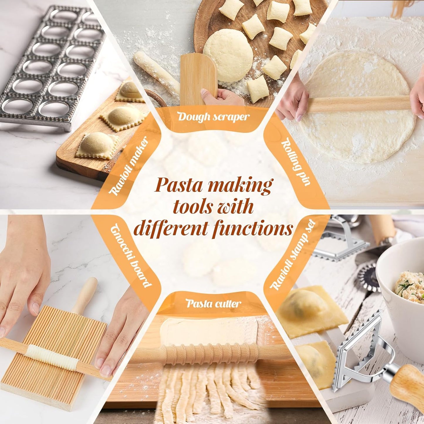 Tioncy 9 Pcs Pasta Making Tool Ravioli Gnocchi Maker Set Include Ravioli Mold Wooden Cutter Rolling Pin Gnocchi Board Wood Stick Dough Scraper Pasta Stamps(Simple Style)
