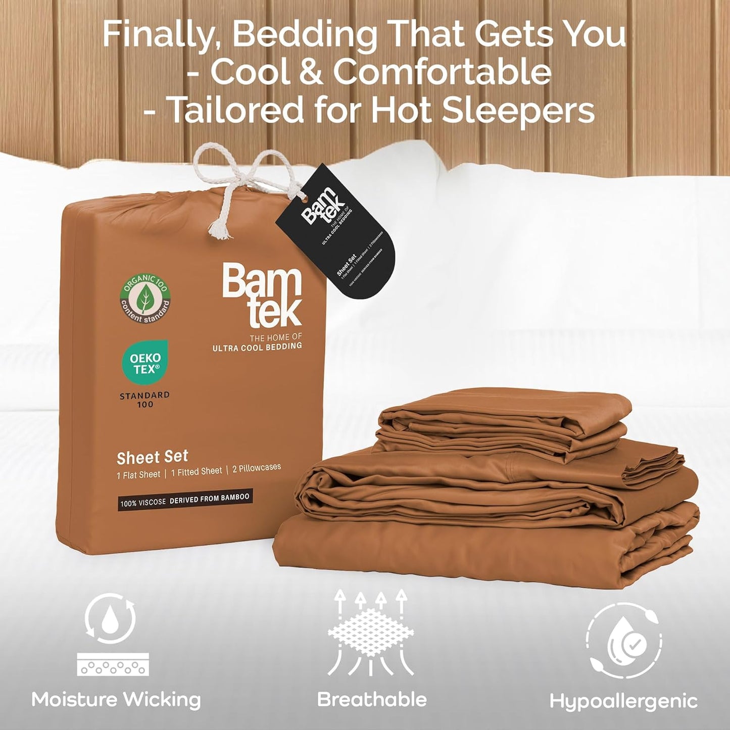 100% Viscose from Bamboo Sheets Full Size, Super Soft Bedding Set, 4PC Cooling Sheets for Hot Sleepers, Vegan Silk Moisture Wicking, Organically Grown Bedsheet, Almond - 54" x 75"