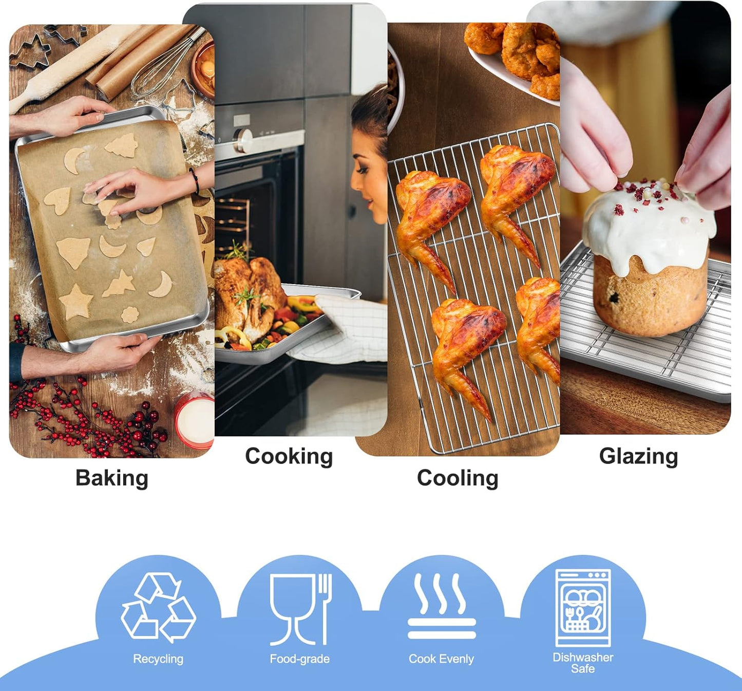 Baking Sheet with Wire Rack Set (1 Baking Pan + 1 Cooling Rack), 16 x 12 x 1 Inch Stainless Steel Cookie Sheet Pan Toaster Oven Tray with Rack, Non-stick & Dishwasher Safe