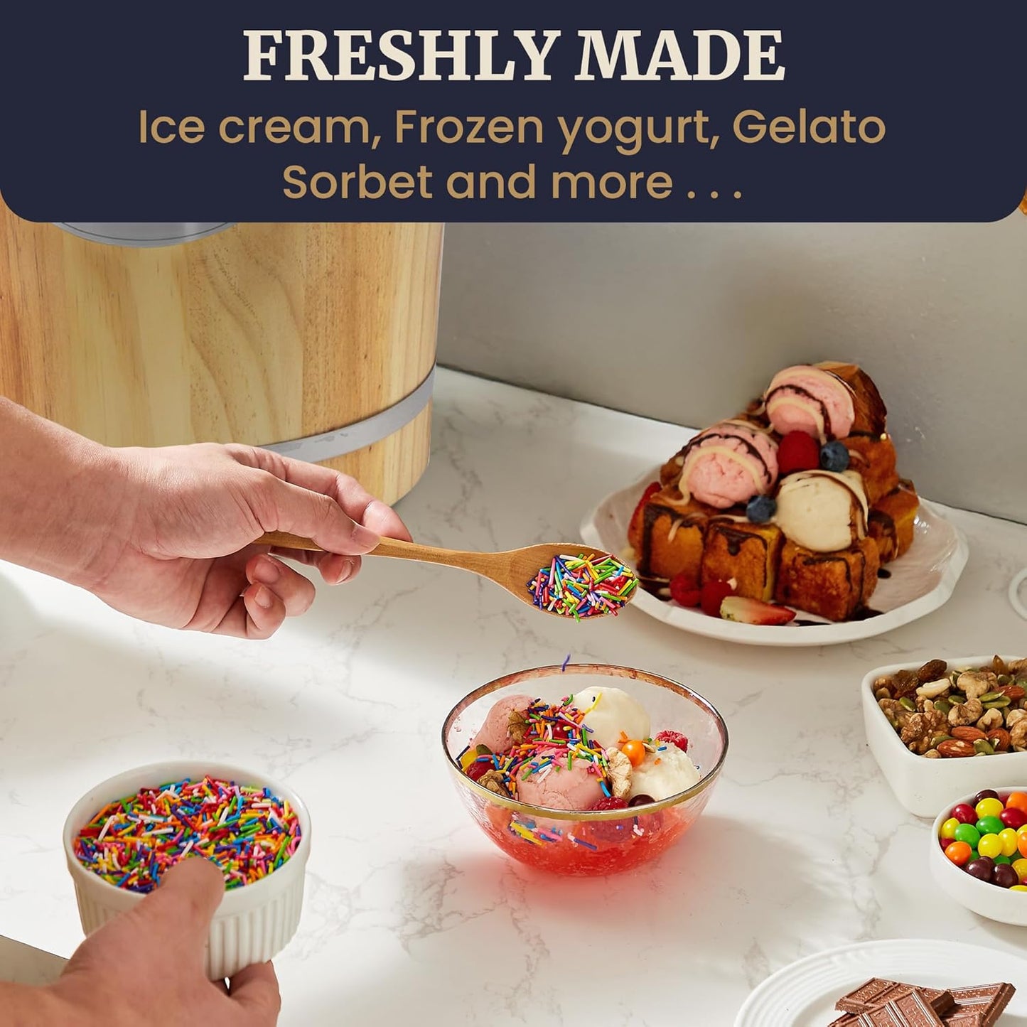 Elite Gourmet EIM916 Old Fashioned 6 Quart Vintage Wood Bucket Electric Ice Cream Maker Machine Appalachian, Bonus Classic Die-Cast Hand Crank for Churning, Uses Ice and Rock Salt