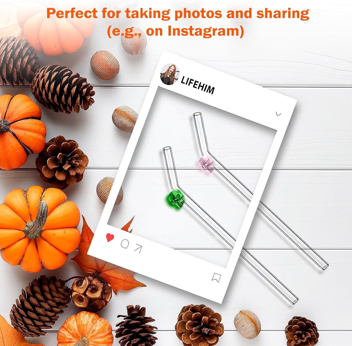 Halloween Straws Set - Cute Glass Straws with Charms | 8mm BPA Free Reusable Clear Glass Drinking Straws, Bent 9" Borosilicate Durable Skull Design Eco Friendly, Fun Party Gift with 2 Cleaners