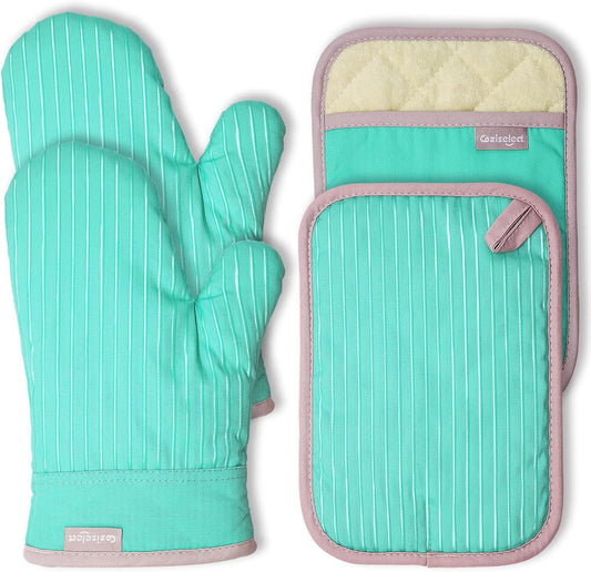Oven Mitts and Pot Holders Set, 4-Piece Heat Resistant Kitchen Set with Pocket Style Hot Pads & Silicon Non-Slip, Quilted Insulated Oven Gloves for Baking, BBQ, Grilling (Assorted Colors)