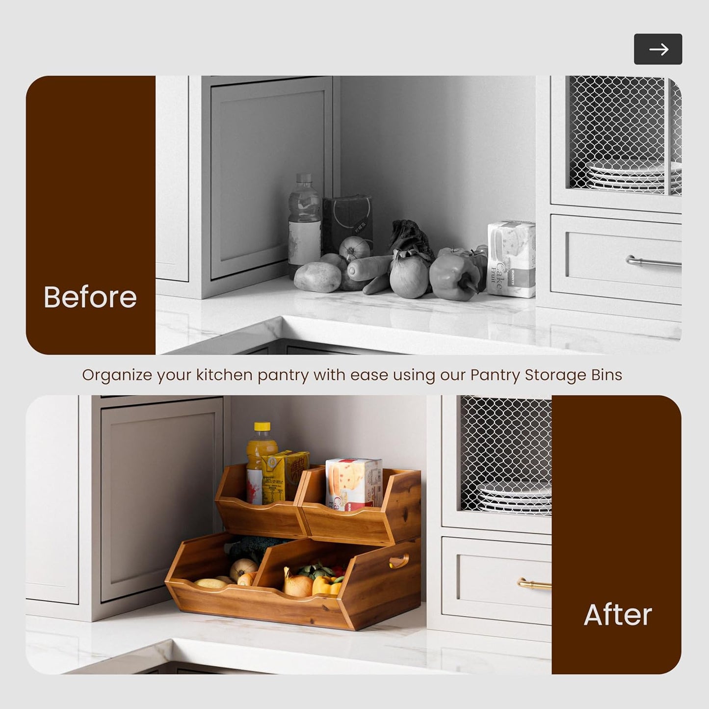 HOLANA Onion and Potato Storage Bins - Acacia Wood Pantry Baskets Organization and Storage - Wooden Stackable Baskets for Bread, Fruit, Vegetable - Onion Basket for Kitchen Counter (Patent Pending)