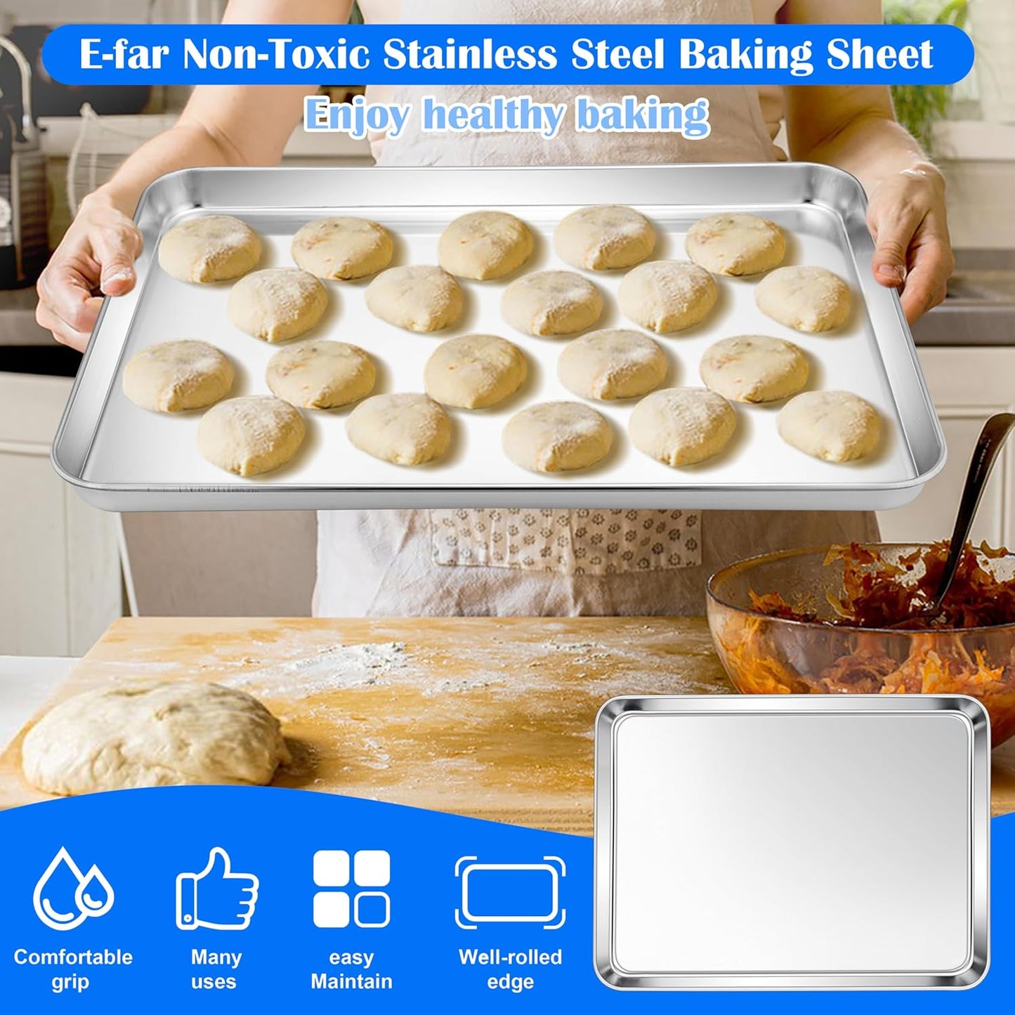 E-far Large Baking Sheet, 20”x14” Stainless Steel Cookie Sheet Pan for Oven, Non Toxic Metal Baking Tray for Cake Cookies, Healthy & Rust Free, Mirror Finish & Dishwasher Safe, 1 Pack