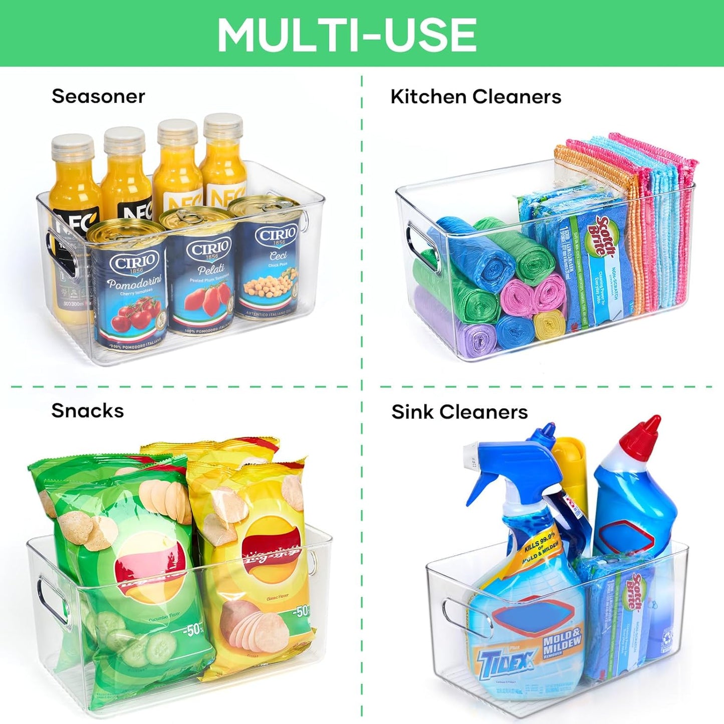 6 Pack Clear Plastic Storage Bins, 11" Large Pantry Organizer Bins with Handles, Plastic Containers for Refrigerator,BPA-Free Perfect for Kitchen,Fridge,Cabinet,Pantry,Bathroom,Closet Organization