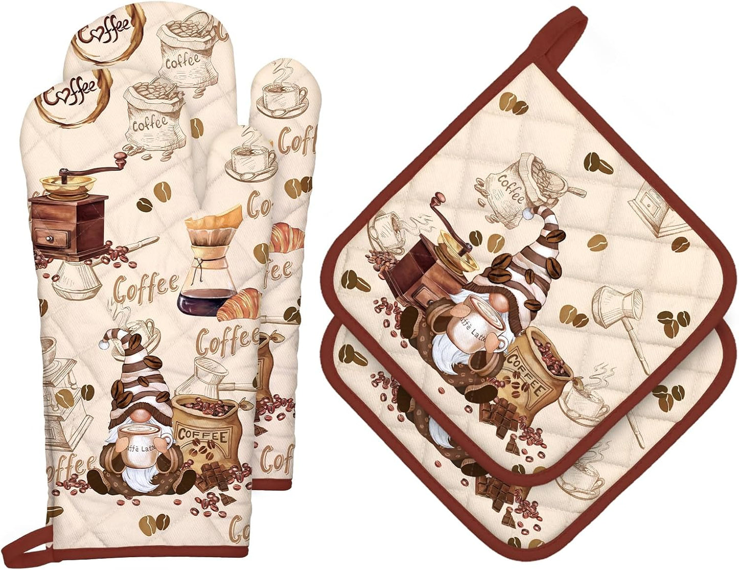 Coffee Gnome Oven Mitts and Pot Holders Sets 4Pcs, 100% Cotton Heat Resistant, Extra Long Oven Gloves Potholder for Kitchen Cooking Baking Decoration