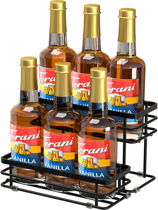 Coffee Syrup Rack Organizer, Syrup Bottle Holder Stand for Coffee Bar, 2-Tier 6 Bottles Storage Shelves for Syrup, Wine, Dressing for Kitchen Countertop (6 Bottles Black)
