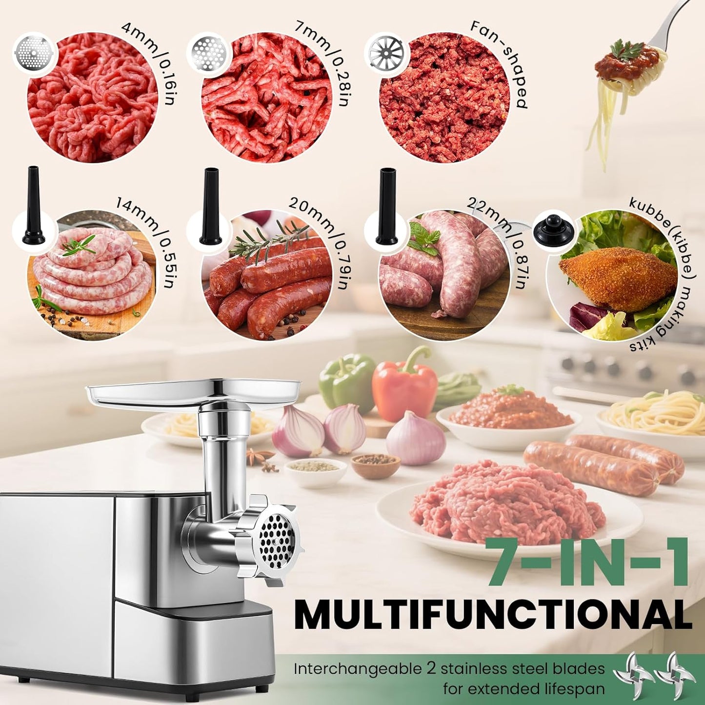 Huanyu Electric Meat Grinder 3200W Max Power, Built-in Storage, Heavy Duty, 2 Blades, 3 Plates, Sausage Tubes and Kubbe Kit #10 Outlet for Home Use