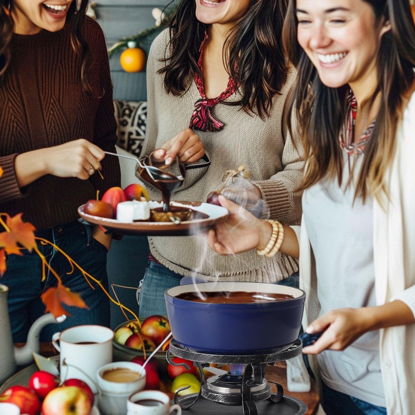 Artestia Swiss Fondue Set – Cast Iron Traditional 2L Cheese & Chocolate Fondue Pot for 4-6 People – Ideal for Melting Cheese, Chocolates, Caramel, & More, Blue