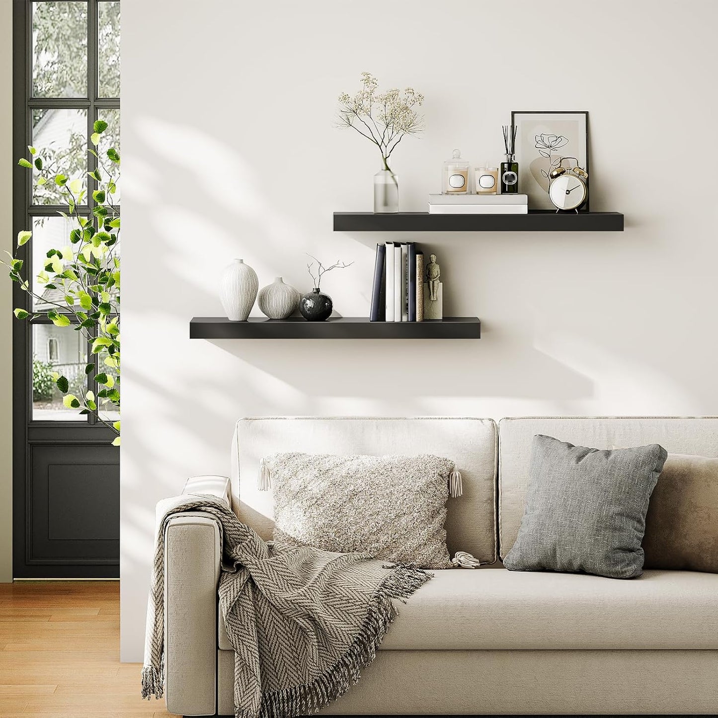 HOOBRO Floating Shelves for Wall, Wall Mounted Shelf Set of 2, 31.5" Hanging Shelf with Invisible Brackets, for Wall in Bathroom, Bedroom, Toilet, Kitchen, Living Room, Office, Black BK80BJP201