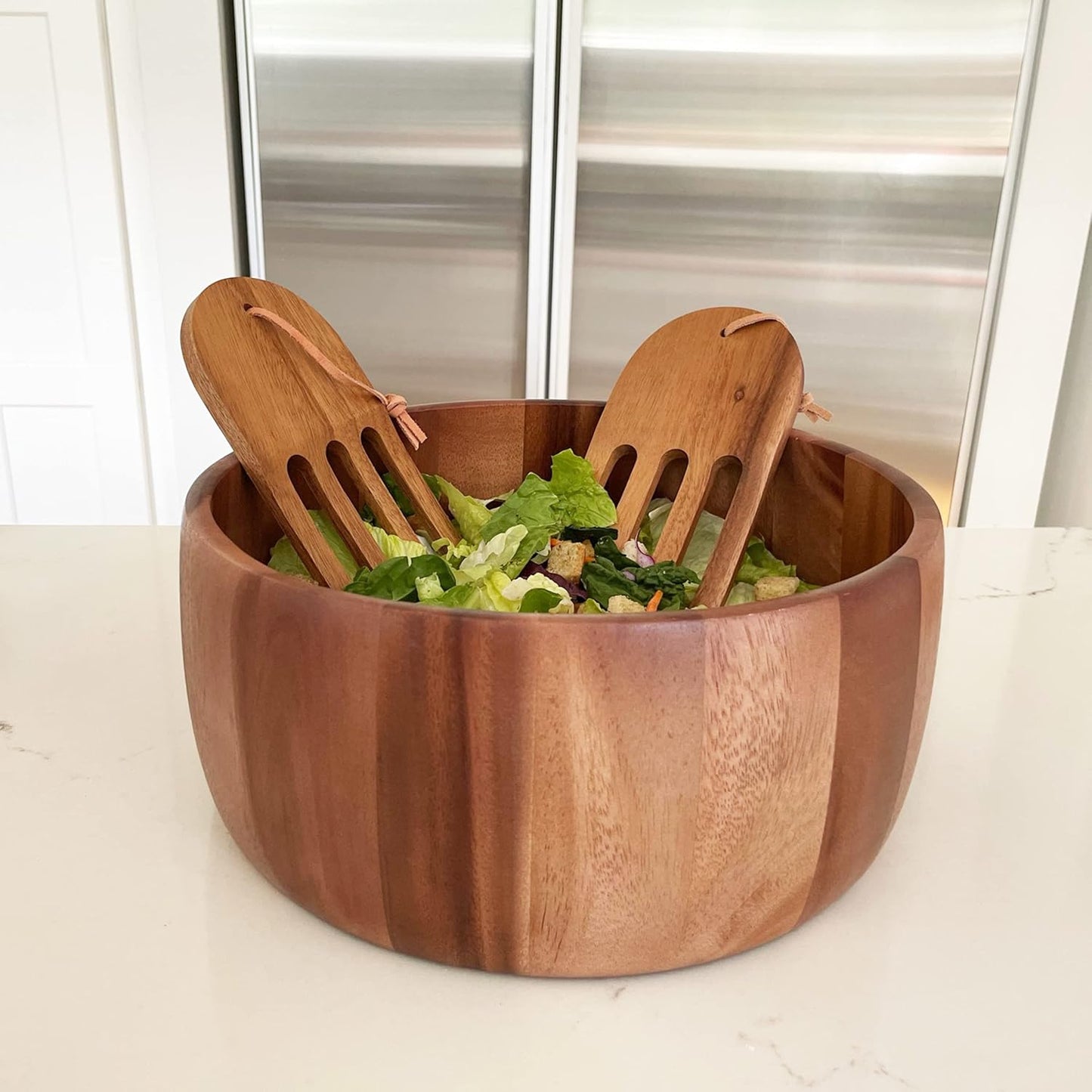 Acacia Wood 10” Salad Serving Bowl with Salad Hands 3 Piece Set by Woodard & Charles