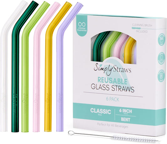 Simply Straws 6 Inch Glass Straws Bent (6-Pack) – Reusable Glass Straws for Low Balls & Stemless Glasses, with Cleaning Brush – Dishwasher Safe, Hot & Cold Use, BPA-Free (Meadow)