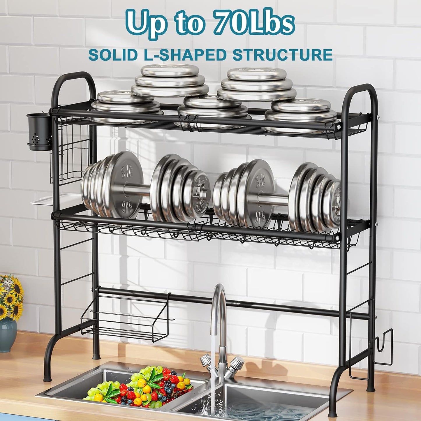 HOWDIA Over The Sink Dish Drying Rack, 3-Tier Stainless Steel Large Over The Sink Dish Rack with Utensil Holder Dish Drainers for Kitchen Counter