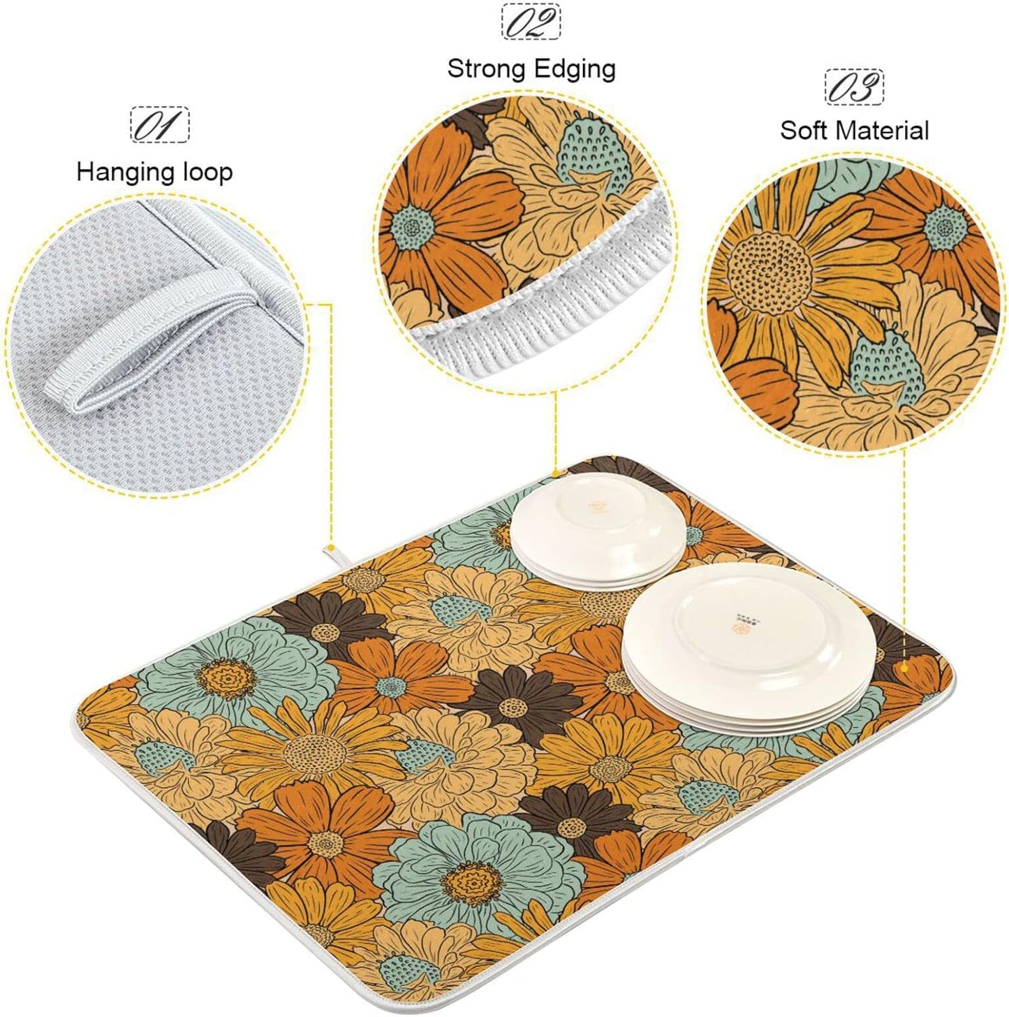 senya Super Absorbent Dish Drying Mat, Microfiber Fast-Drying 16'' x 18'', Kitchen Pad, Retro Flower Daisy