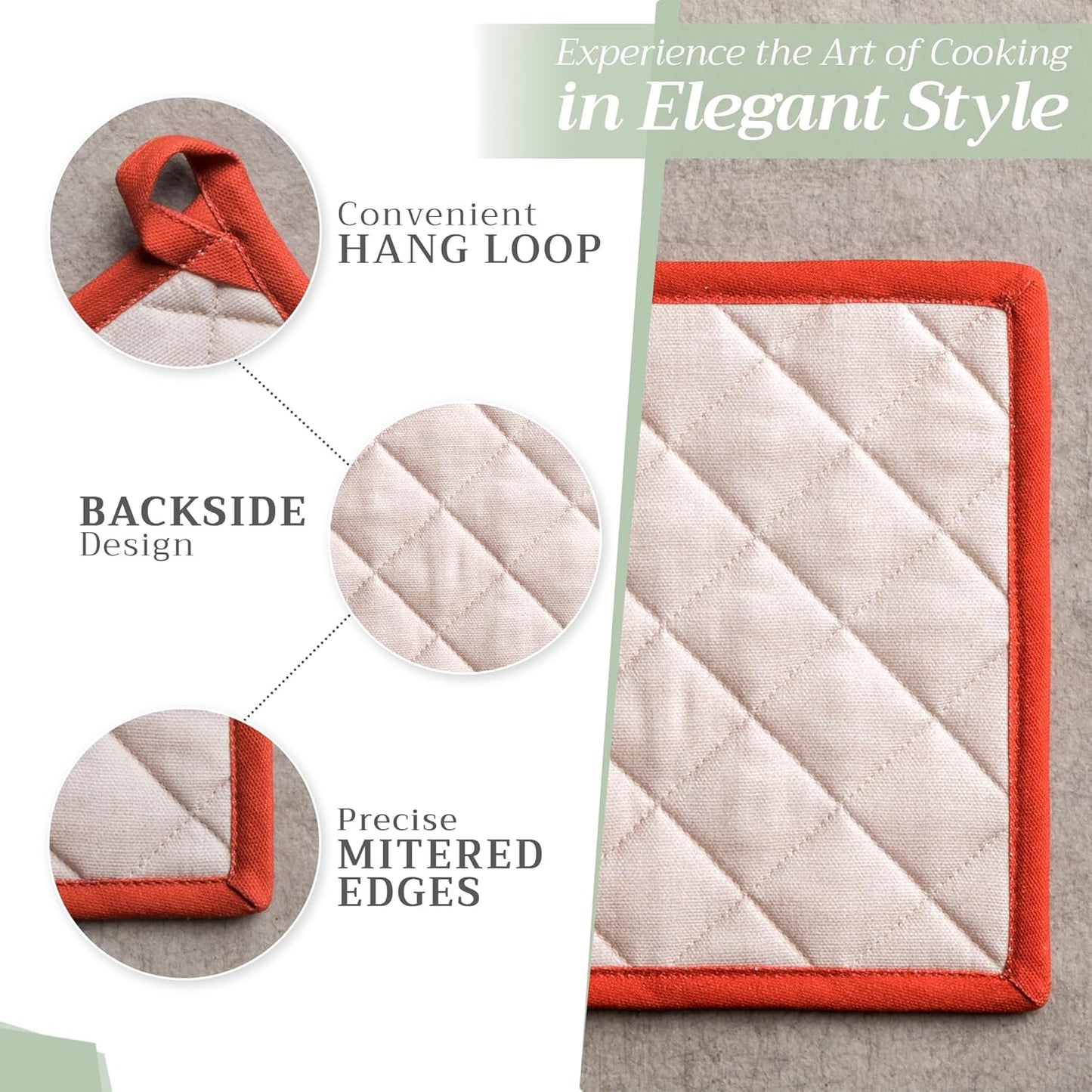 Maison d' Hermine Pot Holders Set 100% Cotton Heat Resistant Potholders 8" x 8" Hot Pads with Loop BBQ, Cooking, Baking, Grilling, Kitchen, Handling Hot Pans (Pack of 2, Potiron)