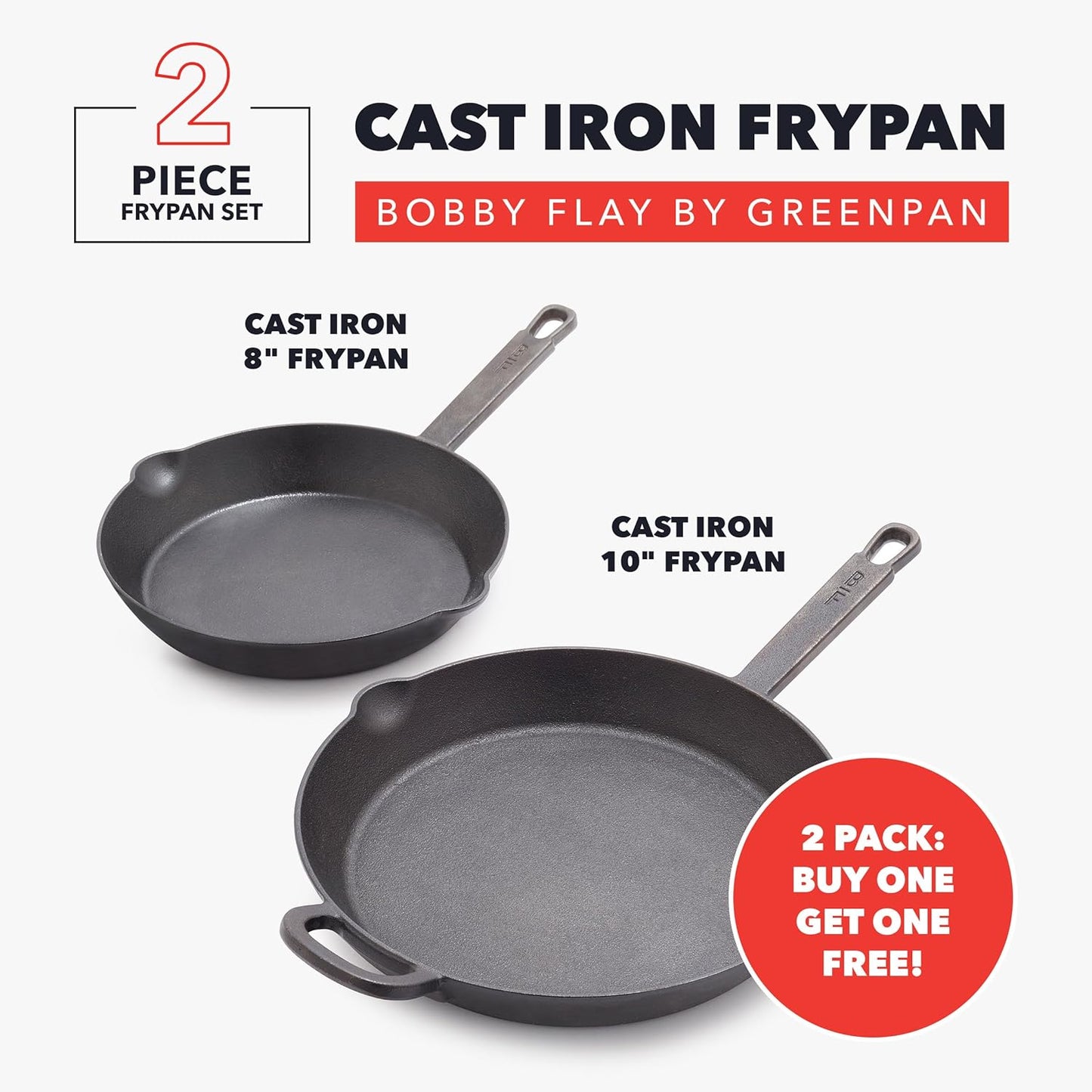 GreenPan x Bobby Flay 2 Piece Set (Includes 8”, 10”) Cast Iron Skillet, Pre-Seasoned PFAS-Free Frying Pan, Pour Spouts, Induction Compatible, Oven, Grill, Indoor/Outdoor, Durable, Black
