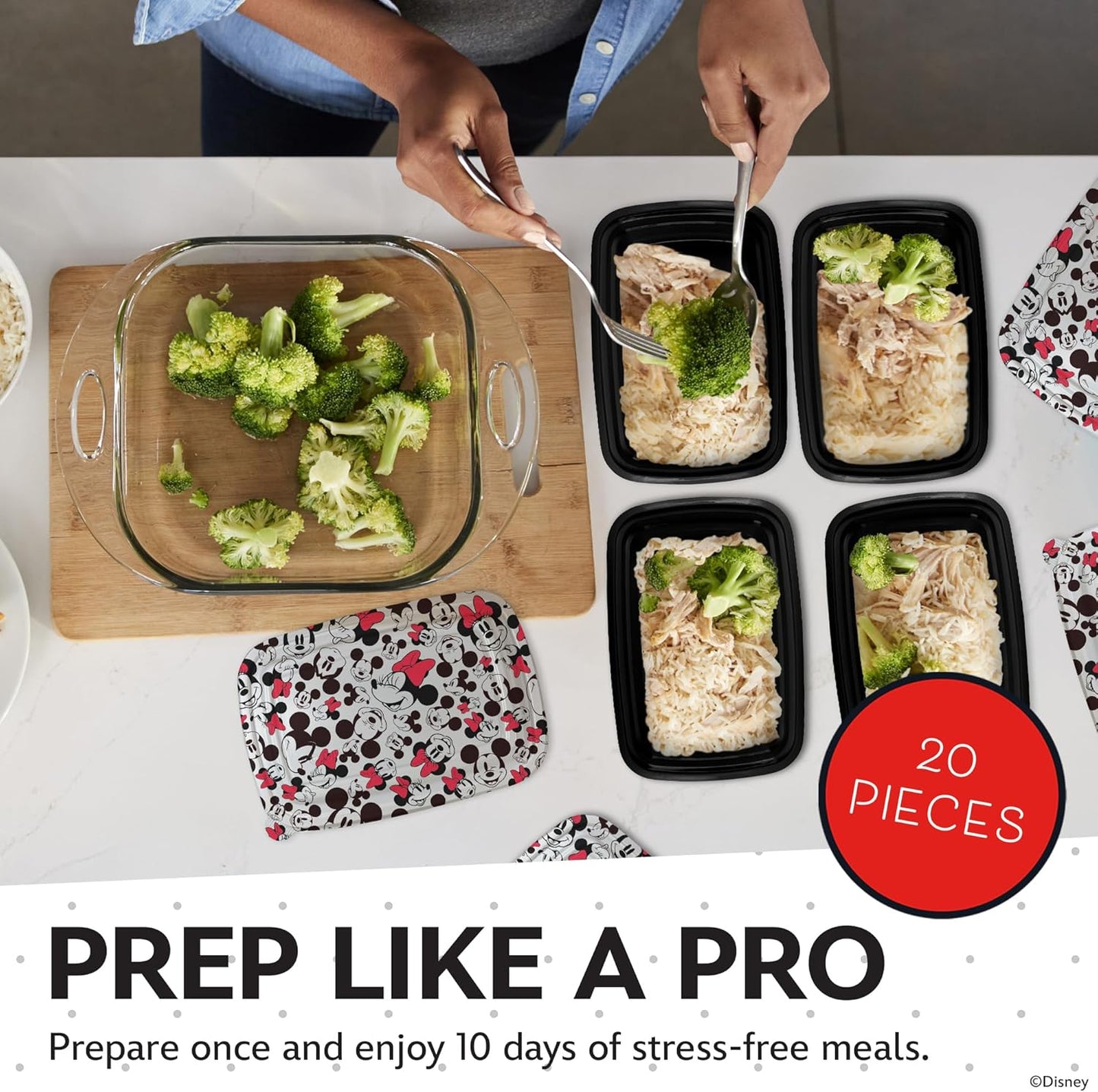 Disney Meal Prep Containers - 20-Piece Reusable Food Containers with Lids - Freezer, Microwave & Dishwasher Safe - Featuring Mickey & Minnie, Lilo & Stitch