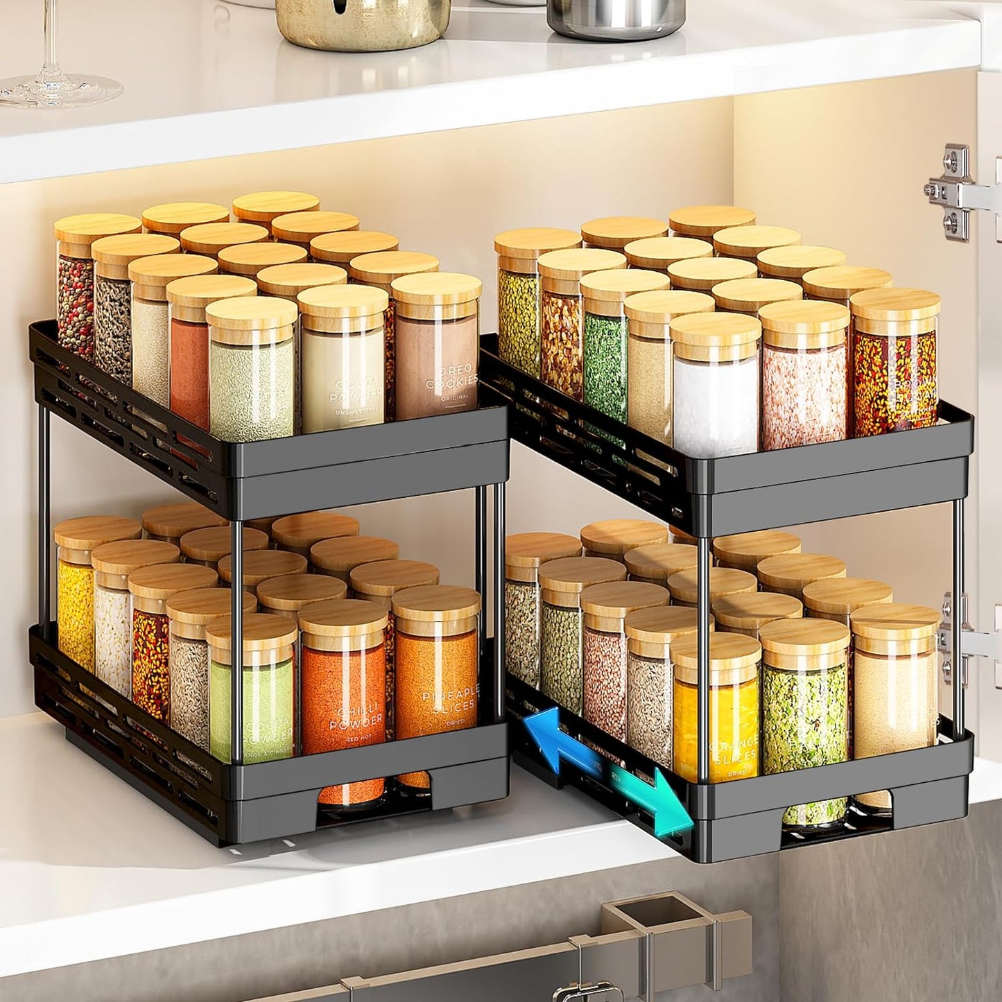 Pull Out Spice Rack Organizer for Cabinet, 2 Pack Widen Slide Out Spice Racks Organizer, Spice Cabinet Organizers, Cabinet Size Need:12'' Highx11'' Deepx6.75'' Wide,Hold 15 Spice Jar Each Tier-2Tier