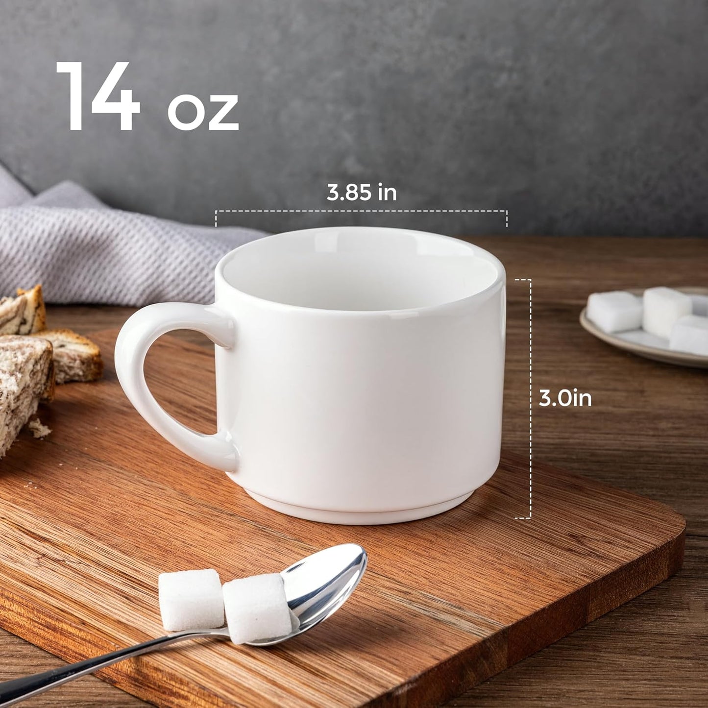 GBHOME 14 OZ Coffee Mugs Set of 6, Stackable Ceramic Mugs for Men, Women, Modern Coffee Mugs With Stable Base for Latte,Tea,Cappuccino. Dishwasher & Microwave Safe, White