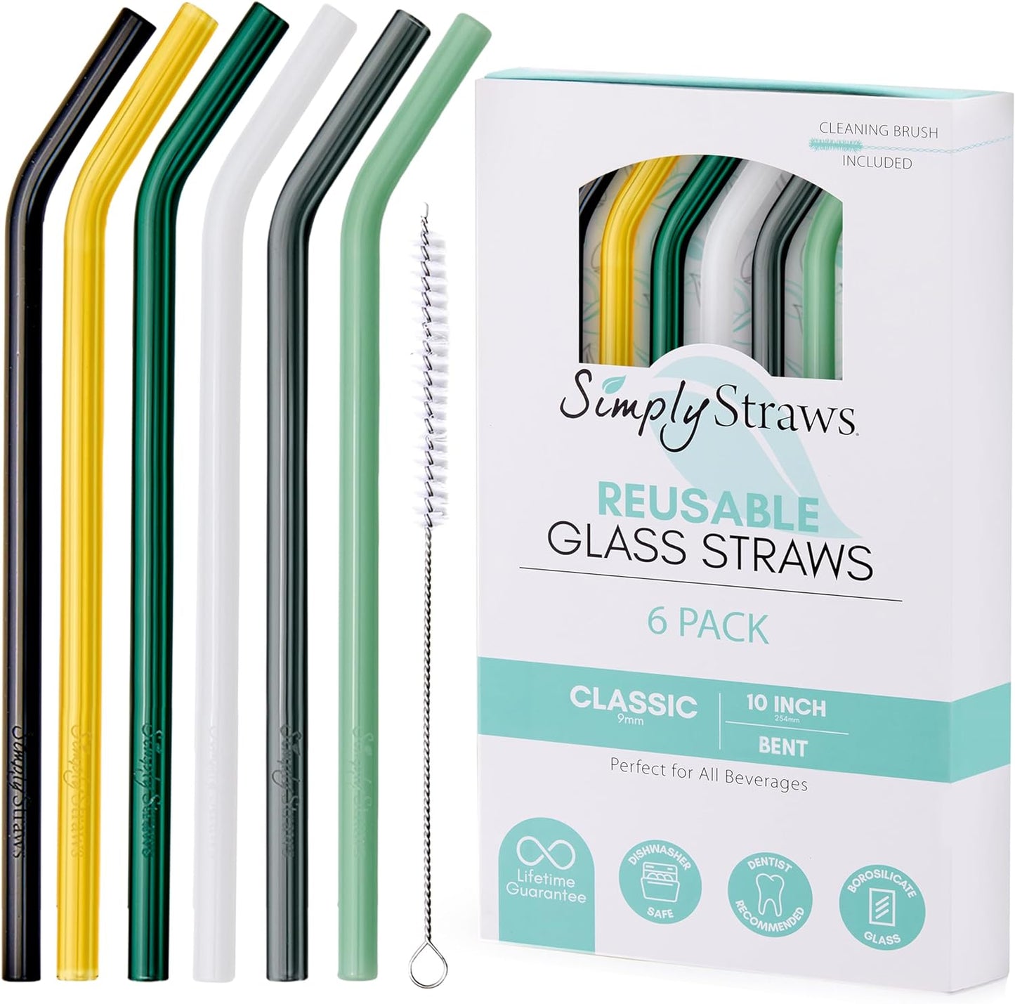 Simply Straws 10 Inch Glass Straws Bent (6-Pack) – Reusable Glass Straws for 24 Oz Mason Jars & Tumblers, with Cleaning Brush – Durable, Dishwasher Safe, Hot & Cold Use, BPA-Free (Fjord Mist)