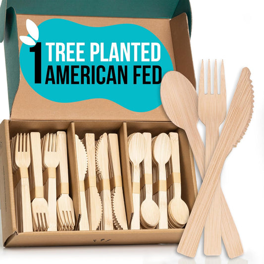 Bamboo Cutlery Set 300 Pcs (100 Forks 100 Knives 100 Spoons) Reusable & Disposable Bamboo Utensils Set | Splinter-Free, Sturdy, Compostable Cutlery Set| FSC Certified
