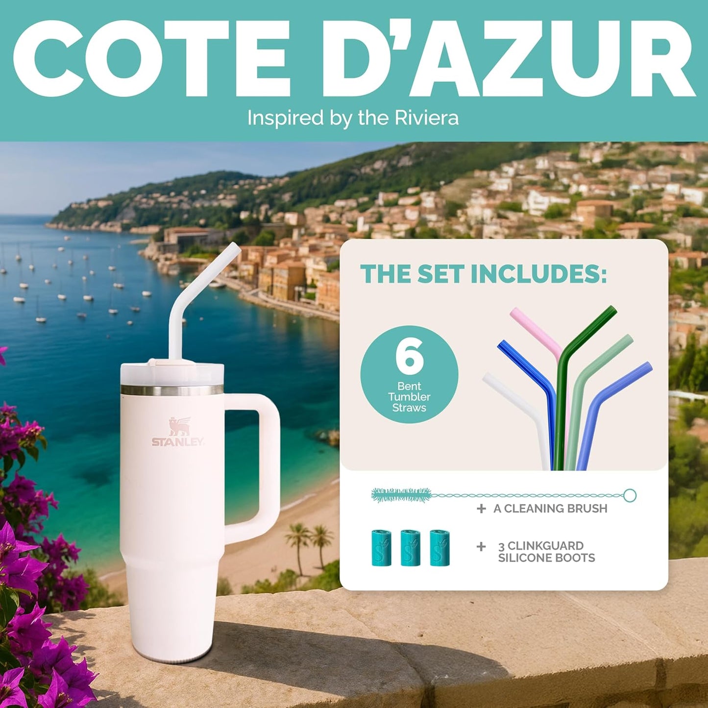 Simply Straws 12 Inch Glass Straws Bent (6-Pack) – Reusable Glass Straws for Stanley 40 Oz Tumbler, with Cleaning Brush – Durable, Dishwasher Safe, Hot & Cold Use, BPA-Free (Cote d'Azur)