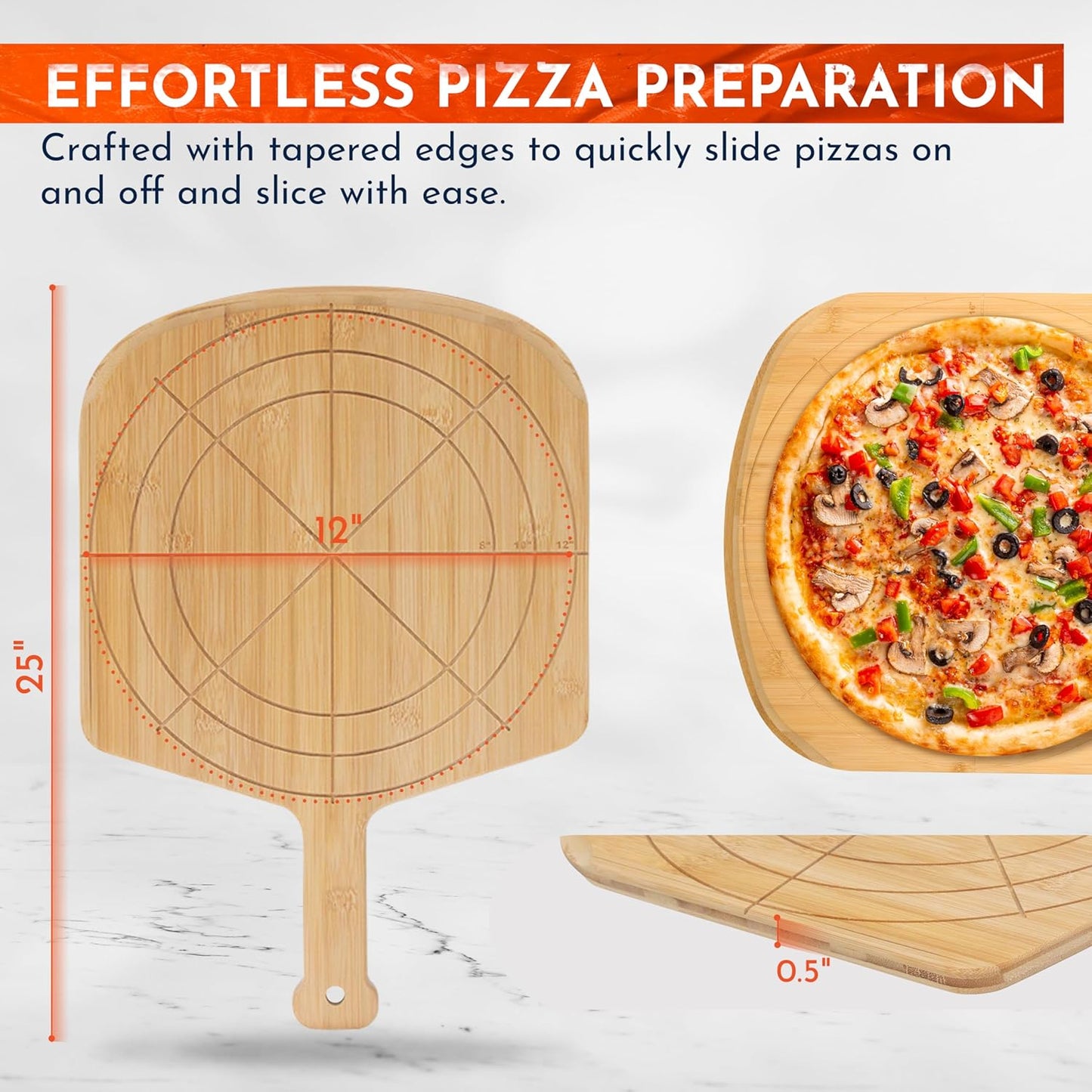 Loftern Wooden Pizza Peel 12 Inch Board with Engraved Sizes - Multi-Purpose Bamboo Pizza Cutting Board, Wood Pizza Peel, Pizza Spatula Paddle, and Serving Board with Size and Cutting Guide
