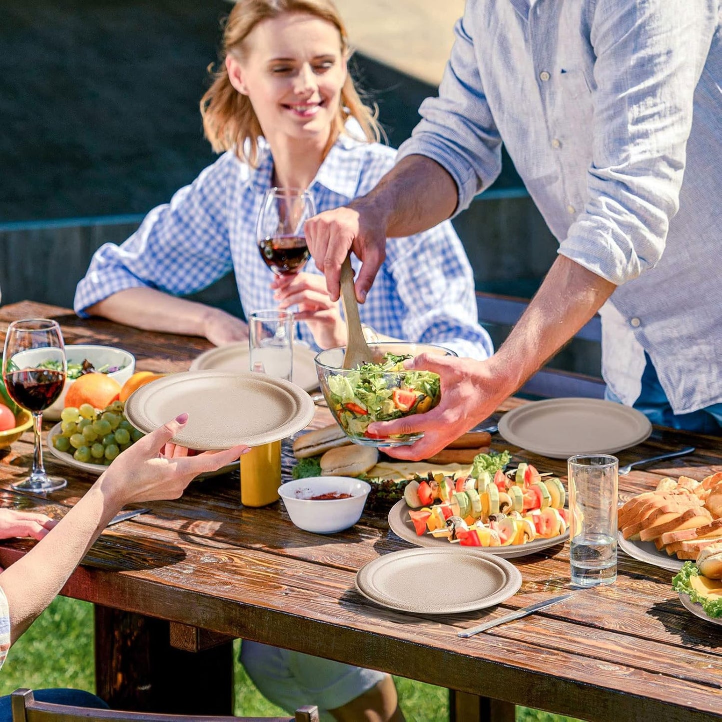 Gezond 100% Compostable Paper Plates 7 Inch, 150pcs Disposable Heavy-Duty Plates Unbleached Biodegradable Plate Made of Sugarcane Fiber