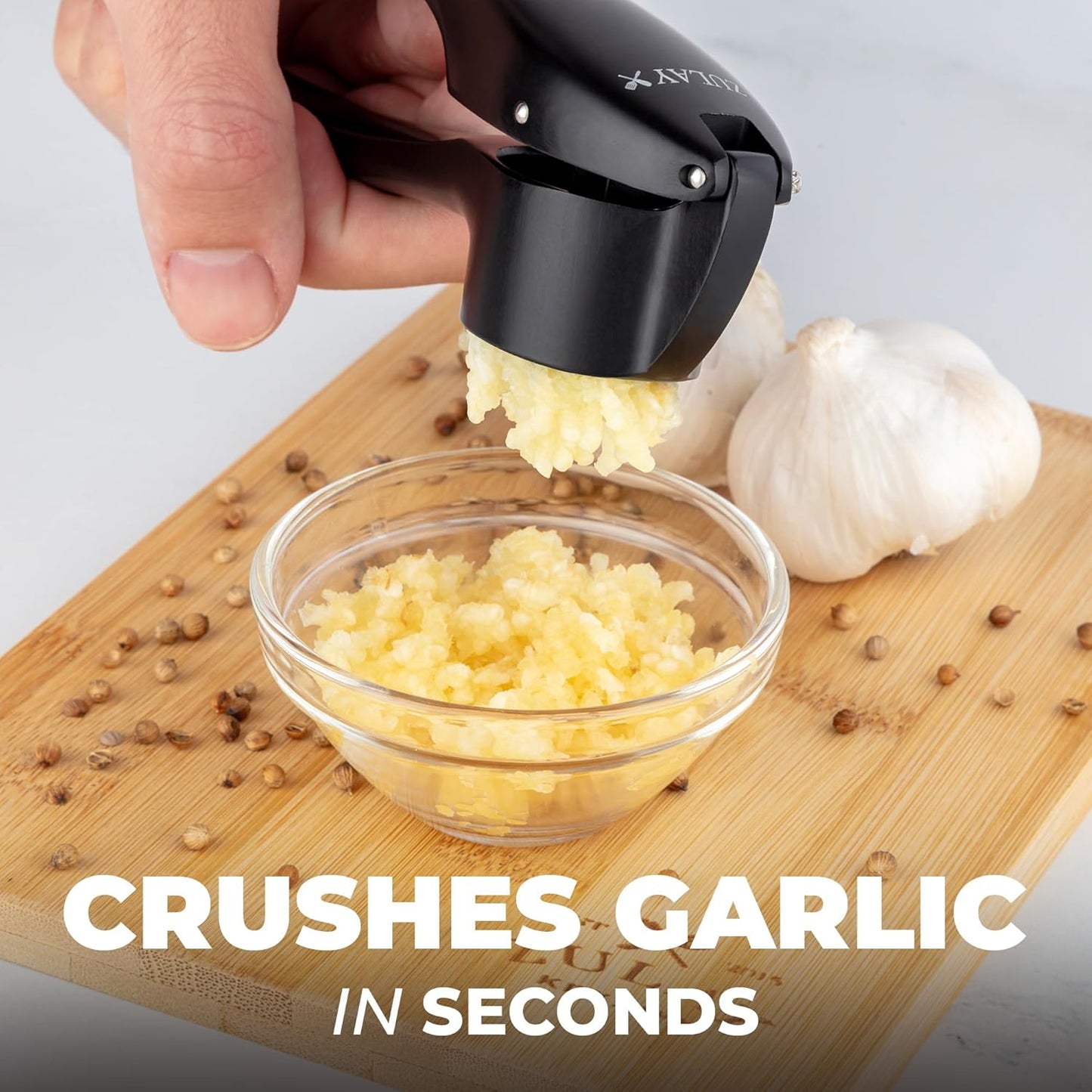 Zulay Kitchen Large Premium Garlic Press Set – Rust Proof & Dishwasher Safe, Bigger Bowl Garlic Mincer Tool with Silicone Garlic Peeler & Brush, Easy Squeeze & Clean, Ergonomic Handle - Black