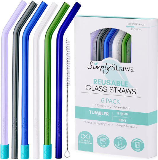 Simply Straws 12 Inch Glass Straws Bent (6-Pack) – Reusable Glass Straws for Stanley 40 Oz Tumbler, with Cleaning Brush – Durable, Dishwasher Safe, Hot & Cold Use, BPA-Free (Seaglass)