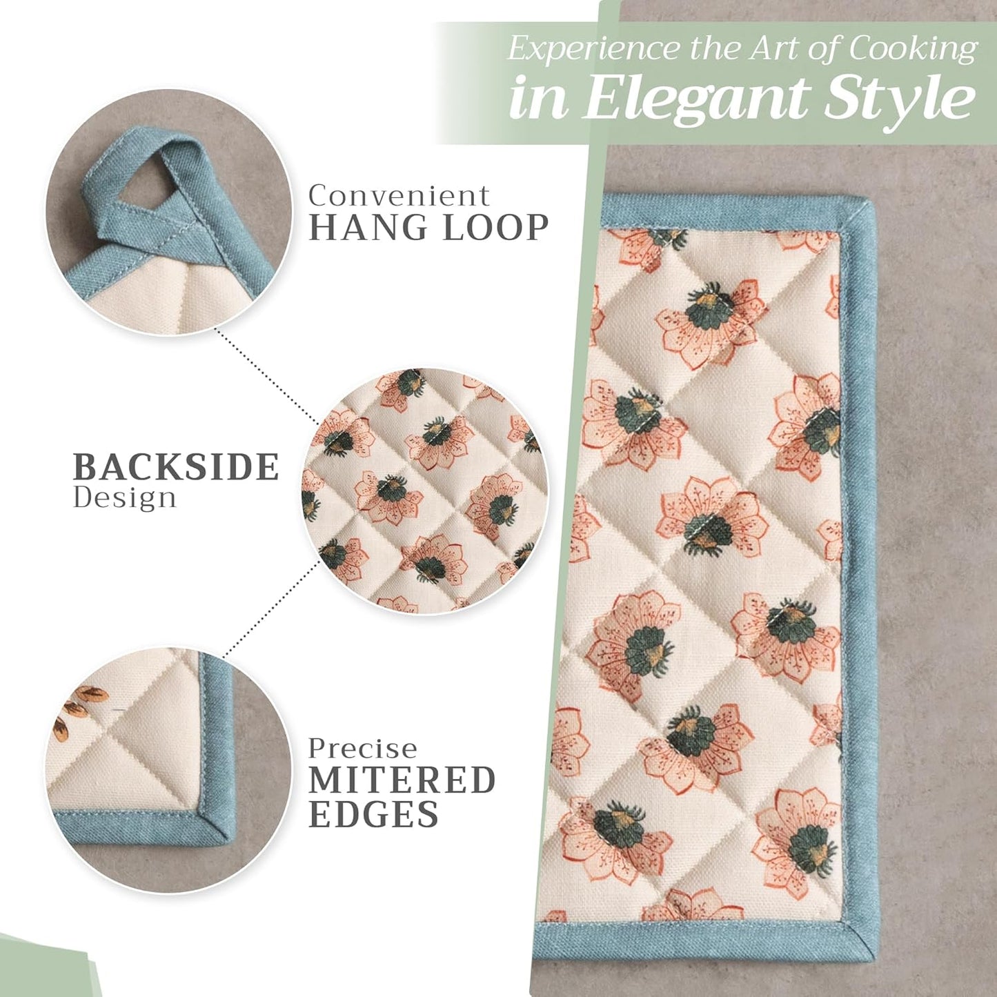 Maison d' Hermine Pot Holders Set 100% Cotton Heat Resistant Potholders 8" x 8" Hot Pads with Loop BBQ, Cooking, Baking, Grilling, Kitchen, Handling Hot Pans (Pack of 2, Dalida)