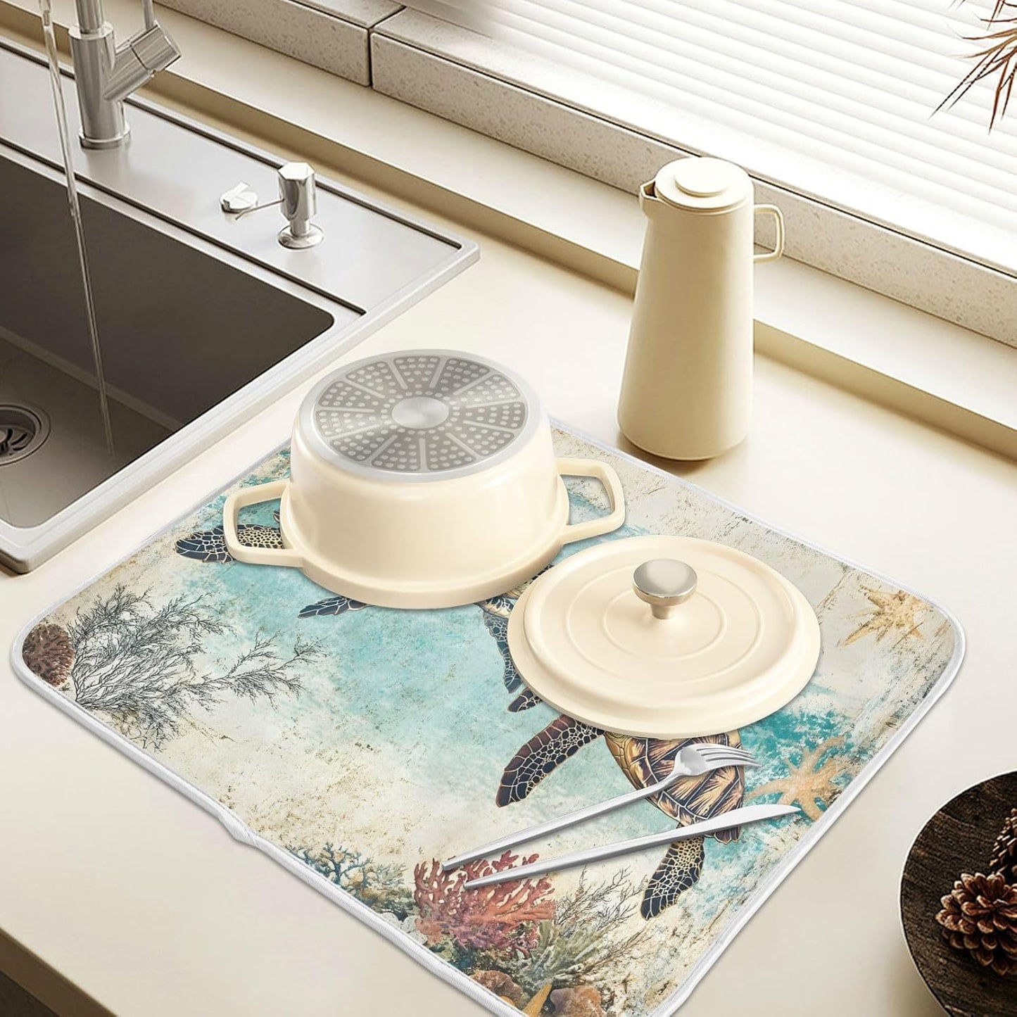 Vintage Ocean Sea Turtle04 Dish Drying Mat for Kitchen Counter Absorbent Microfiber Large Drying Pad Dish mats for Kitchen Countertops 18 x 24 Inch