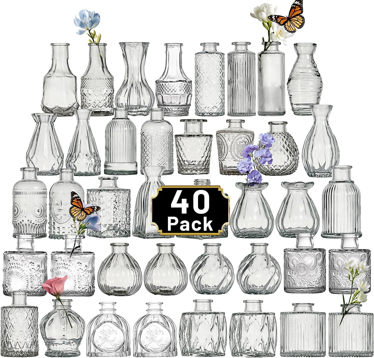 Glass Bud Vase Set of 40 Pcs Small Minimalist Vases for Flowers, Vintage Rustic Home Decor for Table Centerpiece Wedding Party, Modern Clear Aromatherapy Bottle for Living Room Bedroom