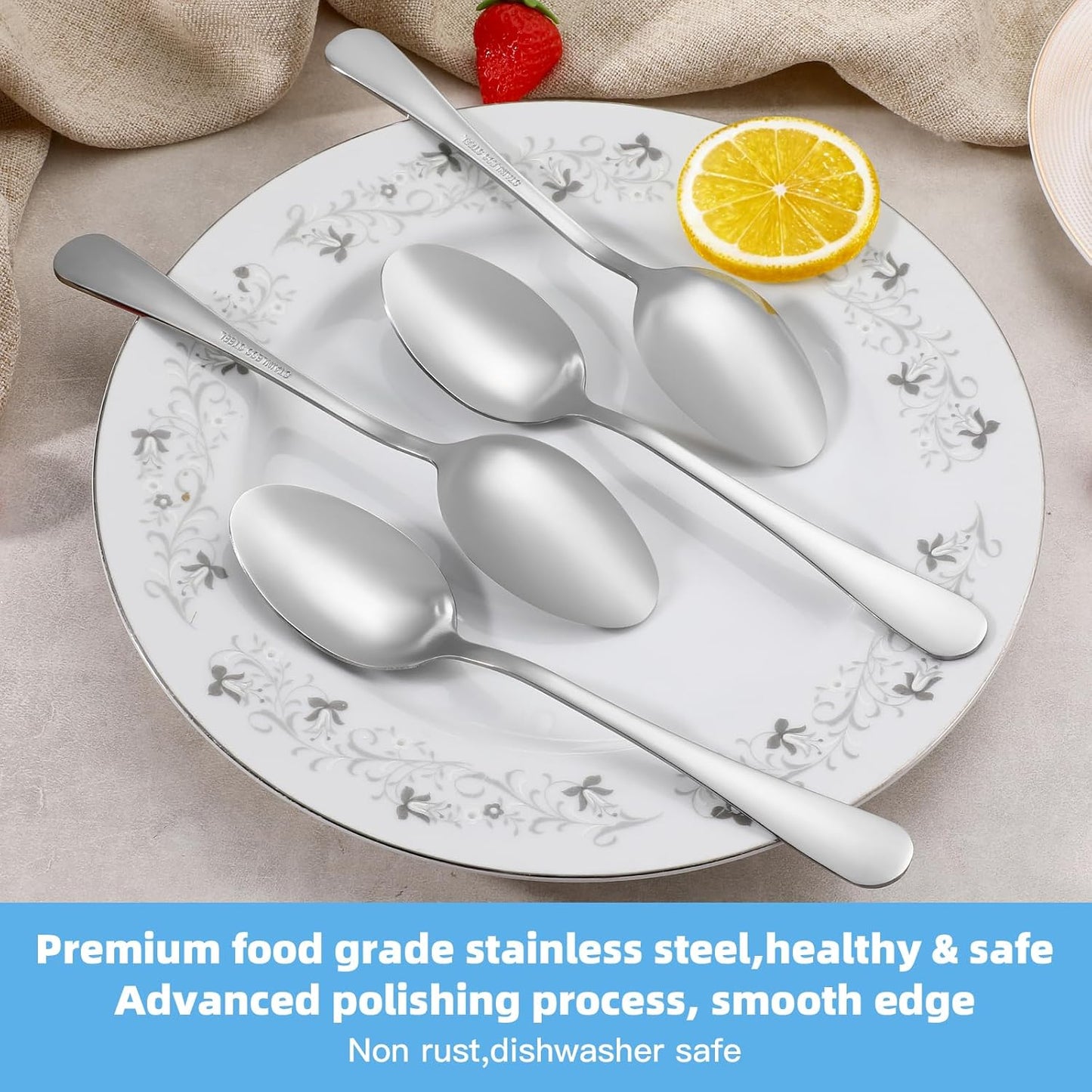 12 Pcs Dinner Spoons Set, Food-Grade Stainless Steel Large Tablespoons, Metal Cutlery Spoon, Soup Spoon, Spoons Silverware for Home, Kitchen or Restaurant, Mirror Polished, Dishwasher Safe 8 Inch