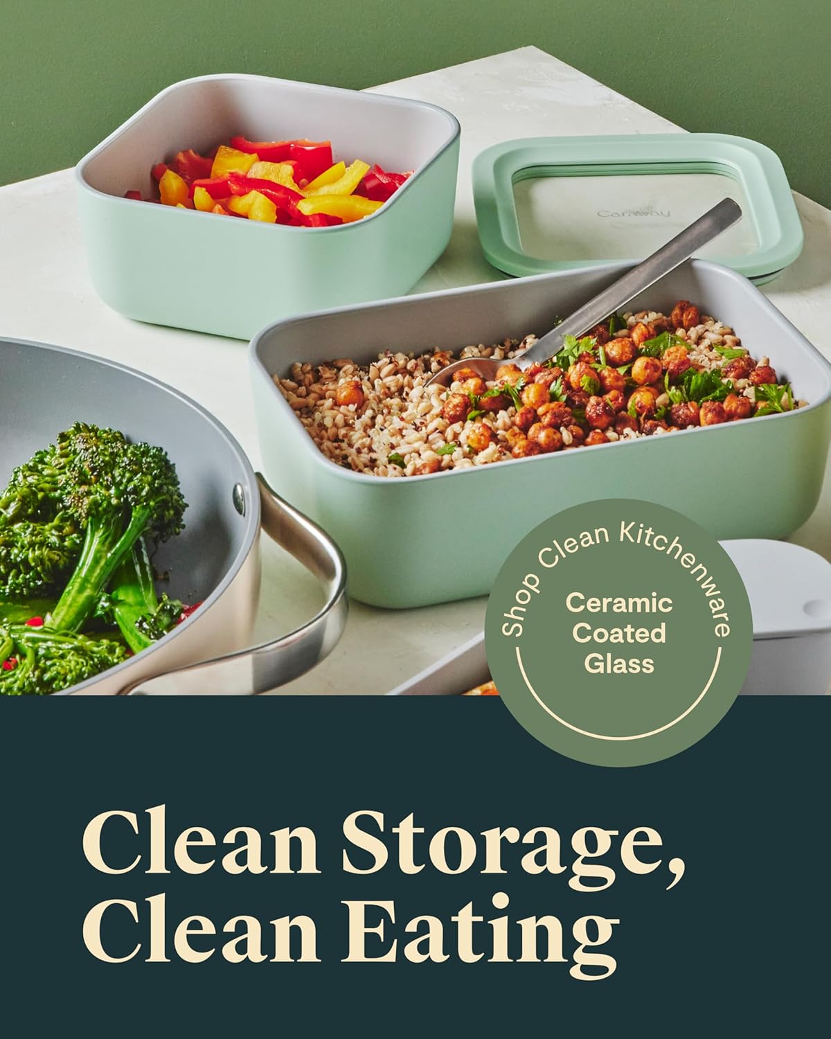 Caraway Glass Food Storage - 6.6 Cup Glass Container - Ceramic Coated Food Container - Non Toxic, Non Stick Lunch Box Container with Lids - Dishwasher, Oven, & Microwave Safe - Sage