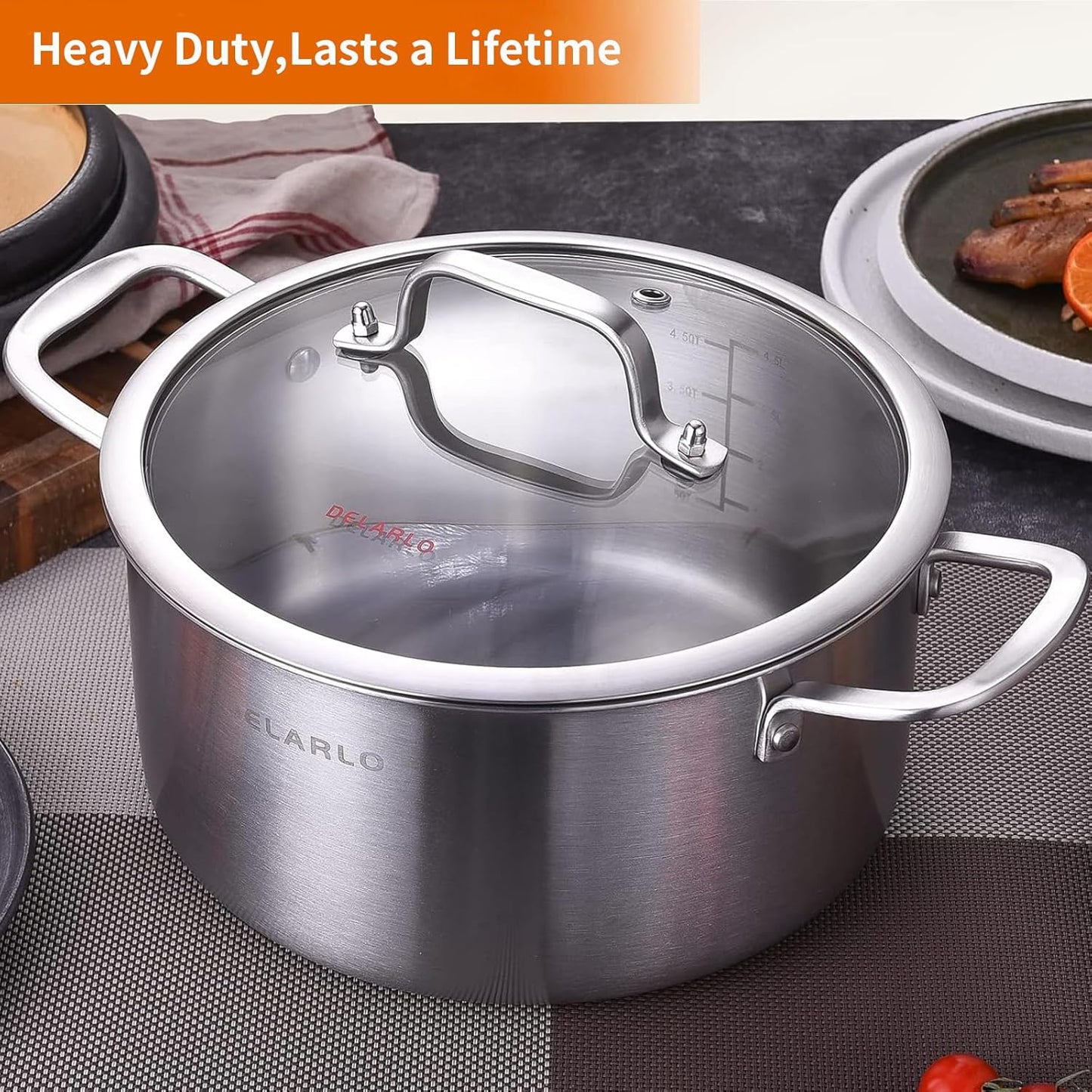DELARLO Tri-Ply Stainless Steel Stock Pot, 5 Quart Stockpot with Lid, All Stoves Safe Up to 600℉, Saving Fuel 20%, Heavy Duty, Soup Pot with lid, Kitchen Essentials, Fast Even Heat