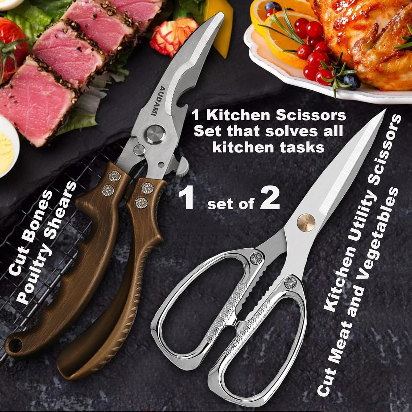 Kitchen scissors 2 Pack,Poultry Shears Heavy Duty Professional Stainless Steel Kitchen Shears,Utility Scissors Food Scissors for Turkey, Meat,Bone,Fish,Chicken,Vegetables,Herbs,BBQ