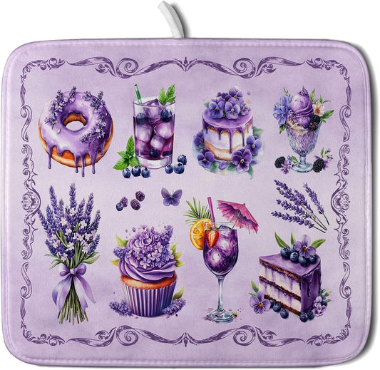 Purple Dish Drying Mats for Kitchen Counter Washable Drying Pad Absorbent Coffee Mat - Delicious Afternoon Tea