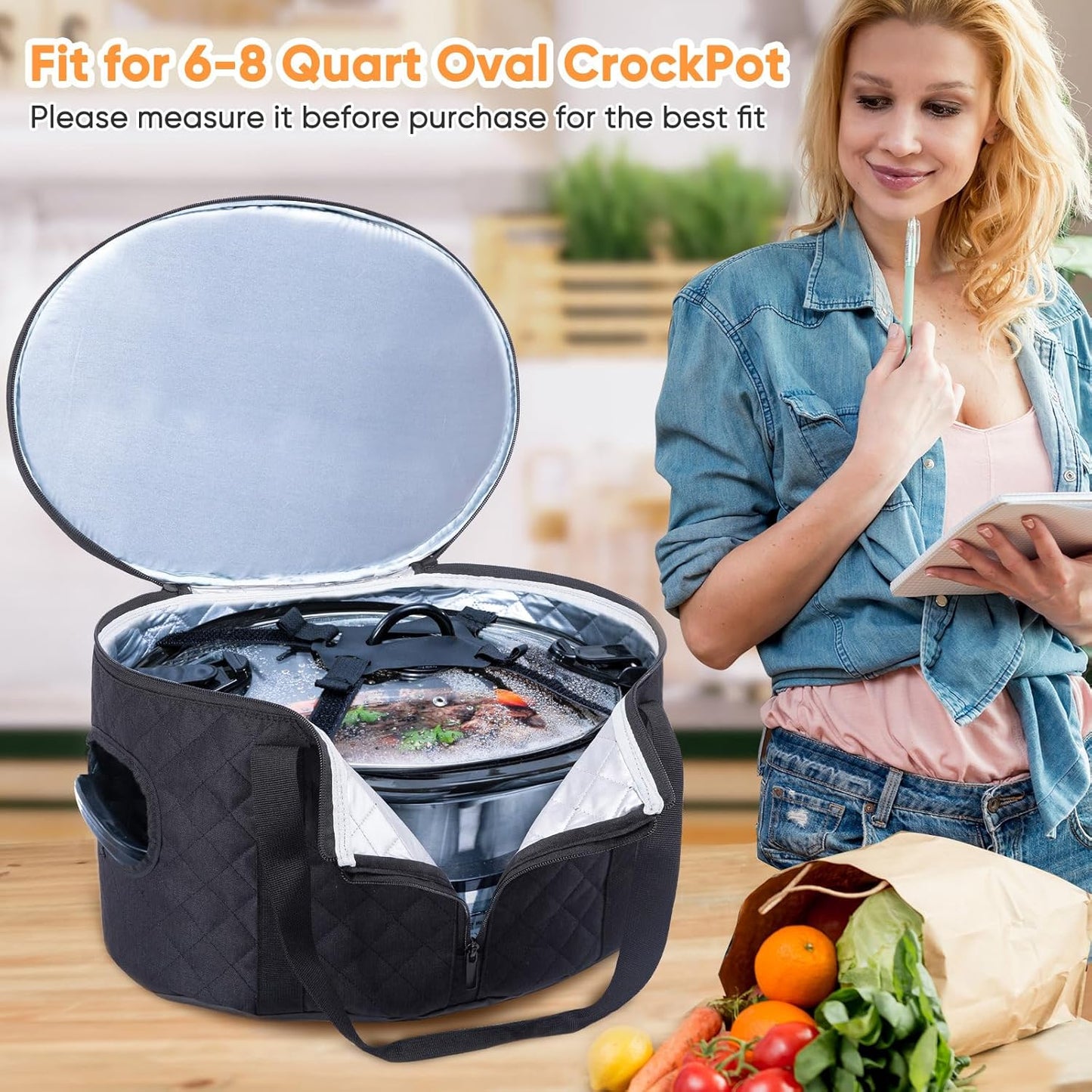 BAGSPRITE Double-layer Slow Cooker Carrying Case Compatible with 6-8 Quart Crockpot Carrier for Hot Food and Hamlton Beach Slow Cooker Tote with Lid Fastener for Crock-pot Dust Cover Applicances