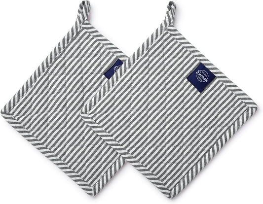 Encasa XO 8 inches Oven Microwave Potholders (2 pc Set) for Kitchen Cooking & Baking - Heat Resistant, Thick & Safe, Protection of Hands from Hot Utensils - Ticking Black