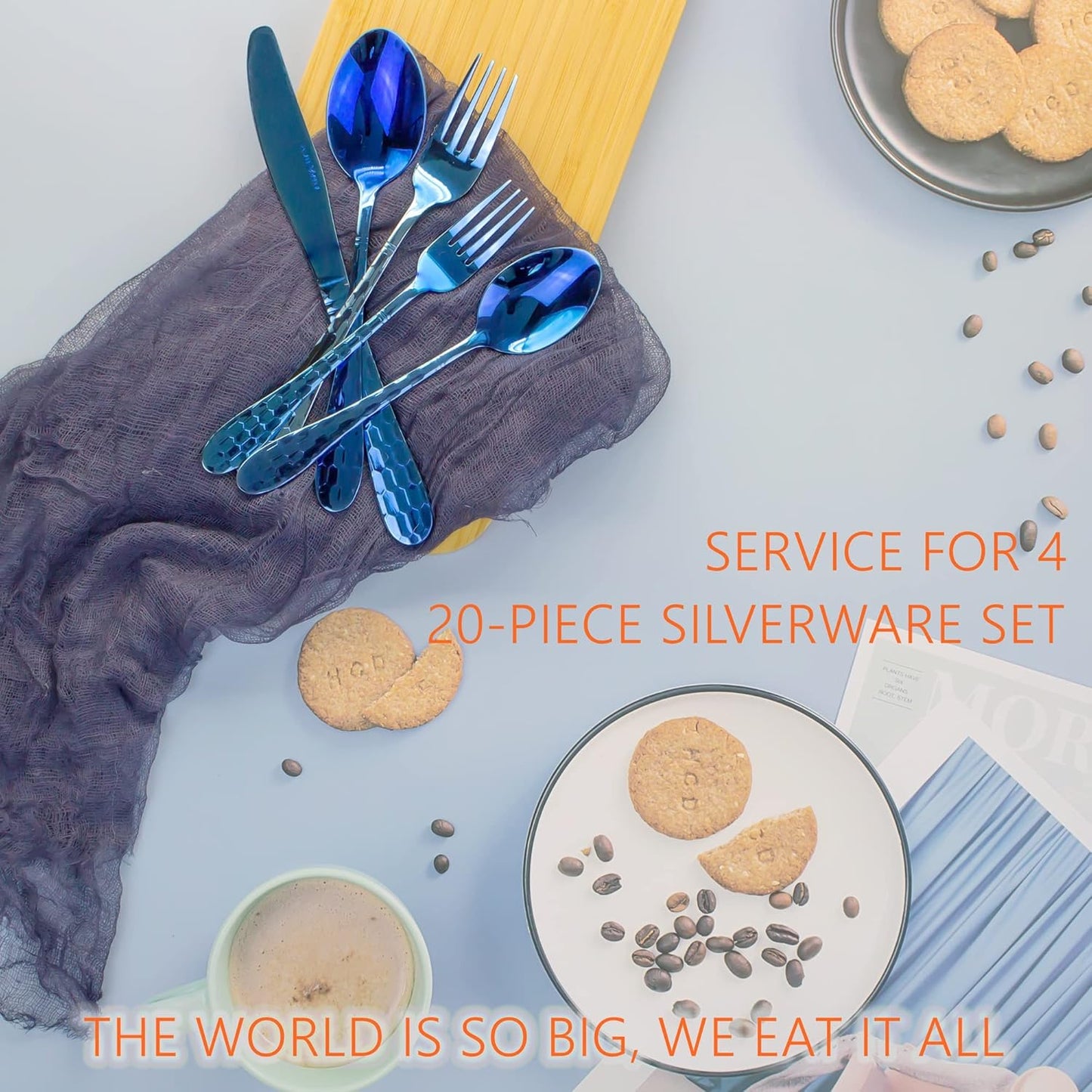 Hammered 20-Piece Silverware Set for 4, 18/10 Stainless Steel Flatware Silverware Set, Unique Design Knife Fork Spoon Set for Home Kitchen Restaurant Wedding, Smooth Edge, Dishwasher Safe (Blue)