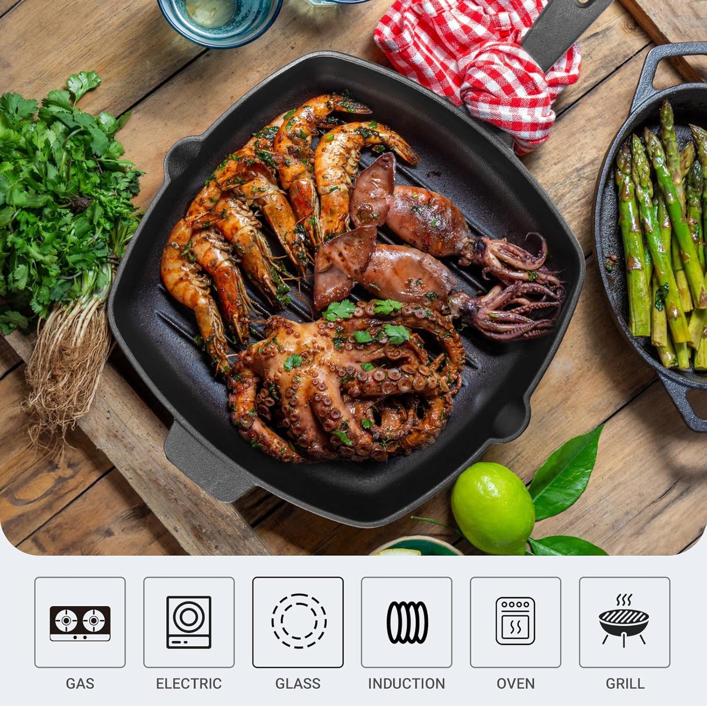 10.5 Inch Cast Iron Square Grill Pan with Tempered Glass Lid, Heavy Steak & Bacon Pans for Stove Tops