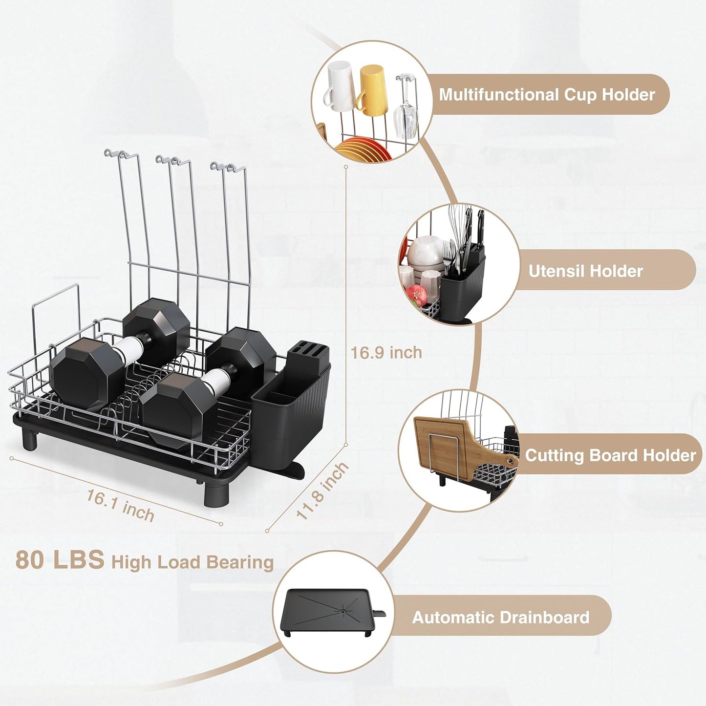BOOSINY Stainless Steel Dish Drainers Drying Rack for Kitchen Counter with Automatic Drainage, 1 Tier Rust Proof Metal, Space Saving, Modern Aesthetic, Compact Plates Strainers,Gray