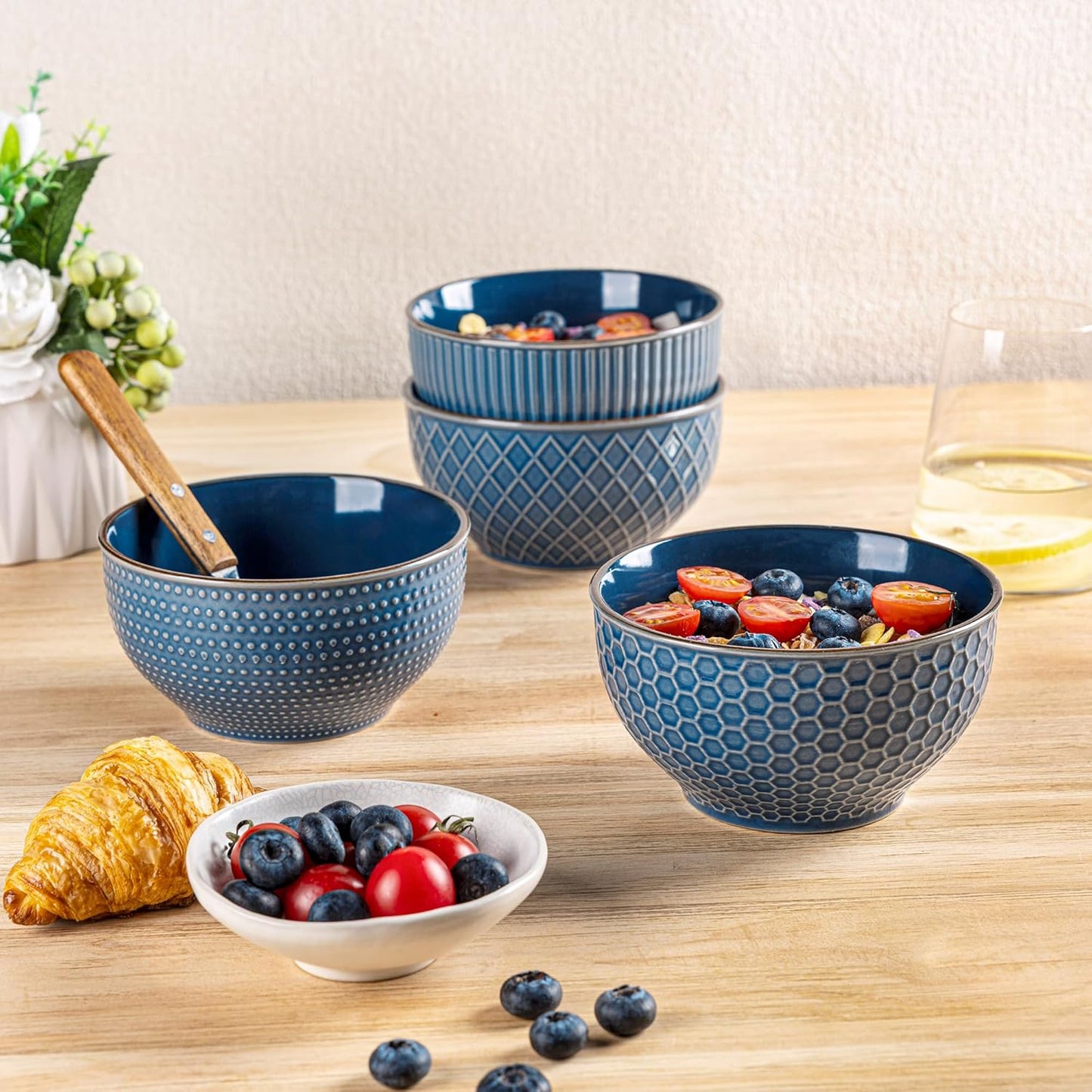 GBHOME Stoneware Cereal Bowls Set of 4, 24 oz Ceramic Soup Bowls with Texture Patterns for Soup,Oatmeal,Snack Perfect for Wedding, House-warming Gift - Moonlight Blue