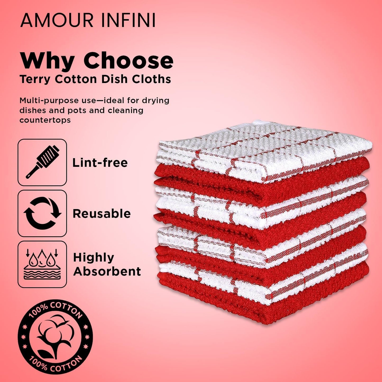 AMOUR INFINI Cotton Kitchen Dish Cloths Set of 8 – Highly Absorbent, Super Soft Premium Terry Cleaning Cloth (12"x12" Inch) Premium Dishcloths for Washing Dishes (Red)