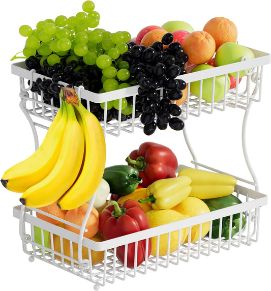 Fruit Basket,2-Tier Fruit Bowl with Banana Hanger,Kitchen Storage Countertop Rack,Fruit Metal Bowls Perfect for Holding Fruit,Vegetables,Snacks(White)