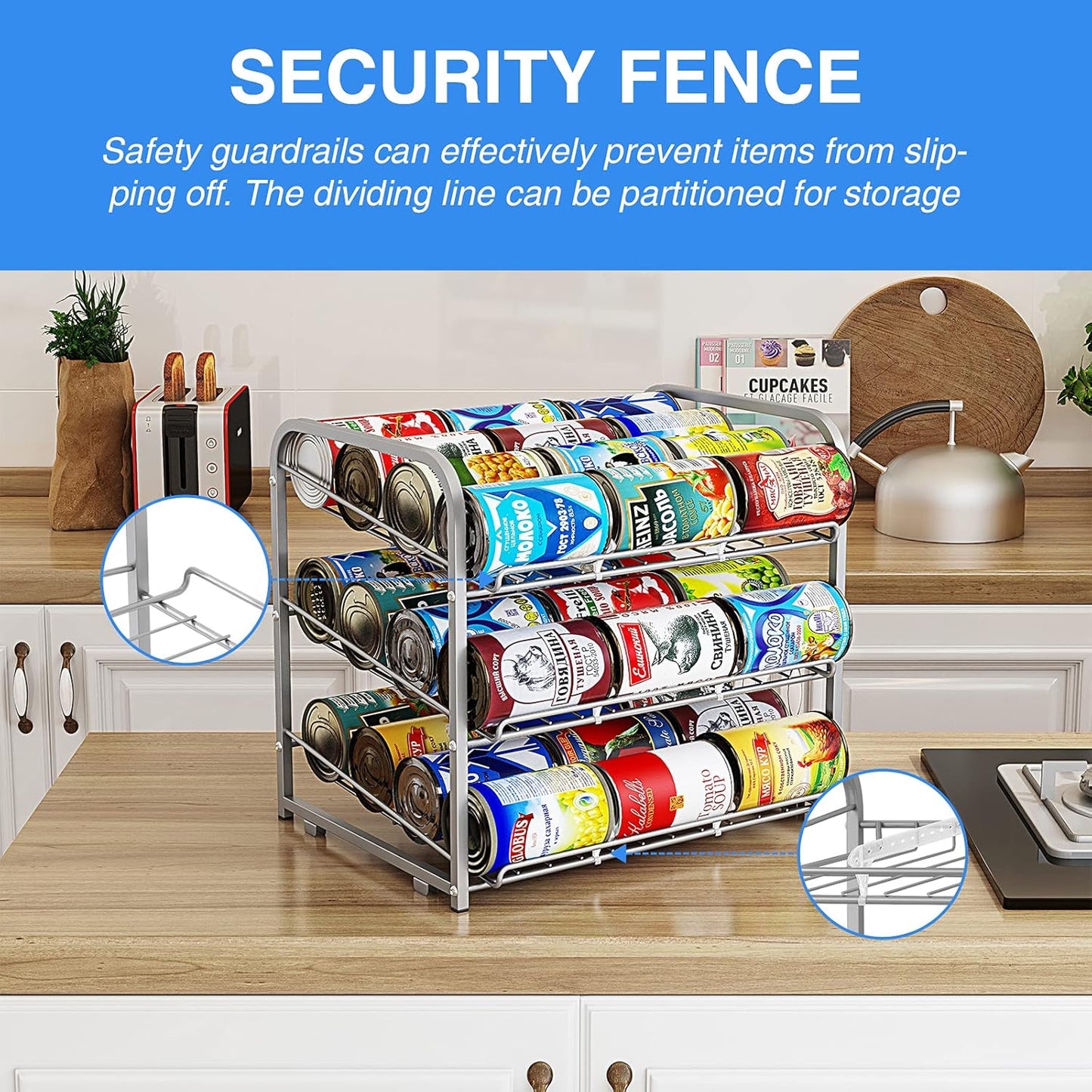 AIYAKA Can Rack Organizer, 3 Tier Stackable Can Storage Dispenser–12.2" D x 16.6" W x 14.5" H,for Food Storage, Kitchen Cabinets or Pantry, Storage for 36 Cans, Silver