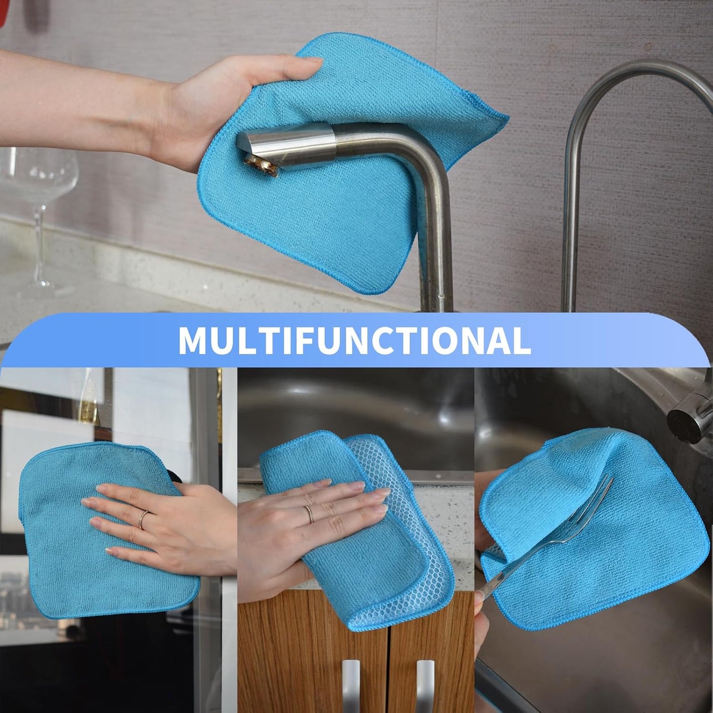 KinHwa Kitchen Washcloths for Dishes Absorbent Microfiber Dish Cloths Quick Dry Dish Rags with Poly Scour Scrub Side Ideal for Kitchen Cleaning (Blue, 7inchx7inch 9 Pack)