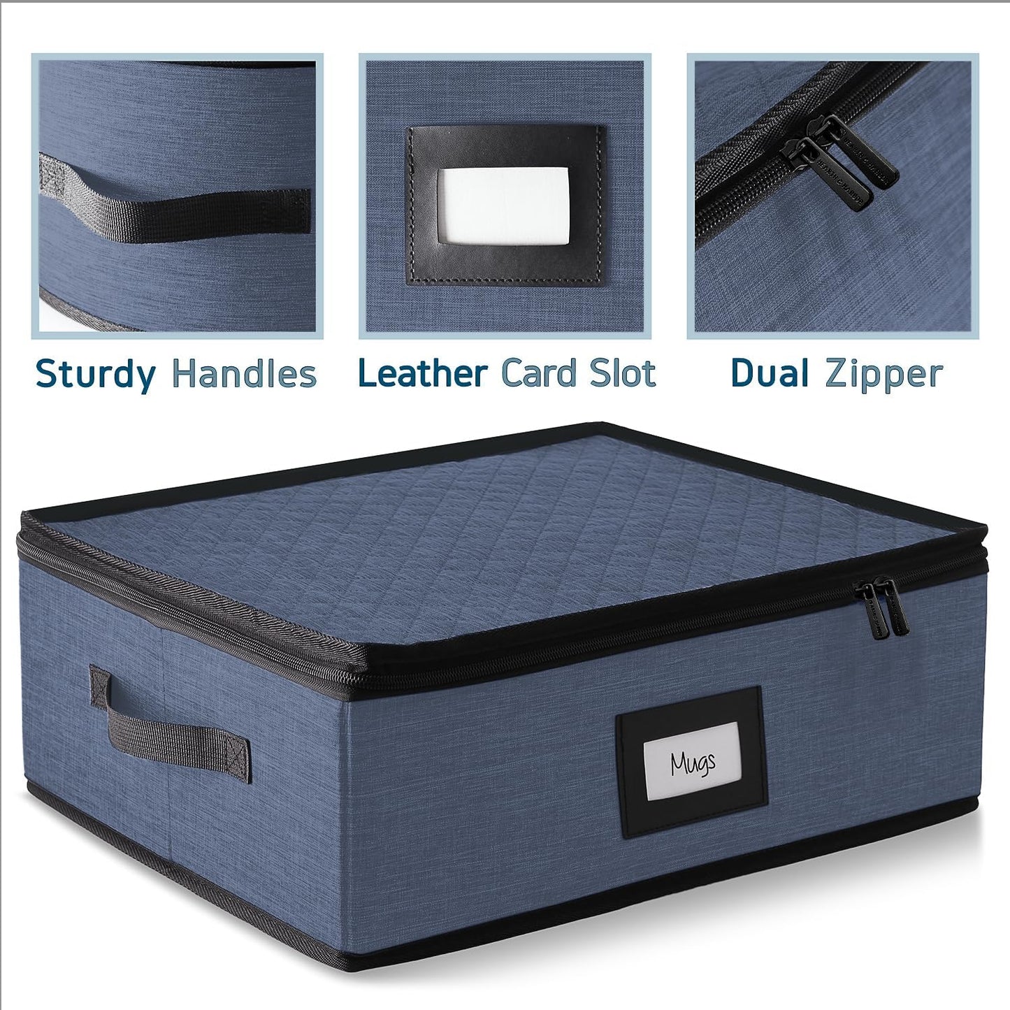 Hearth & Harbor Coffee Mug Storage, Quilted and Stackable Coffee Cup Storage Organizer for Service of 12, Mug Storage Box with Dividers, China Containers Hard Shell for Moving and Organization, Blue