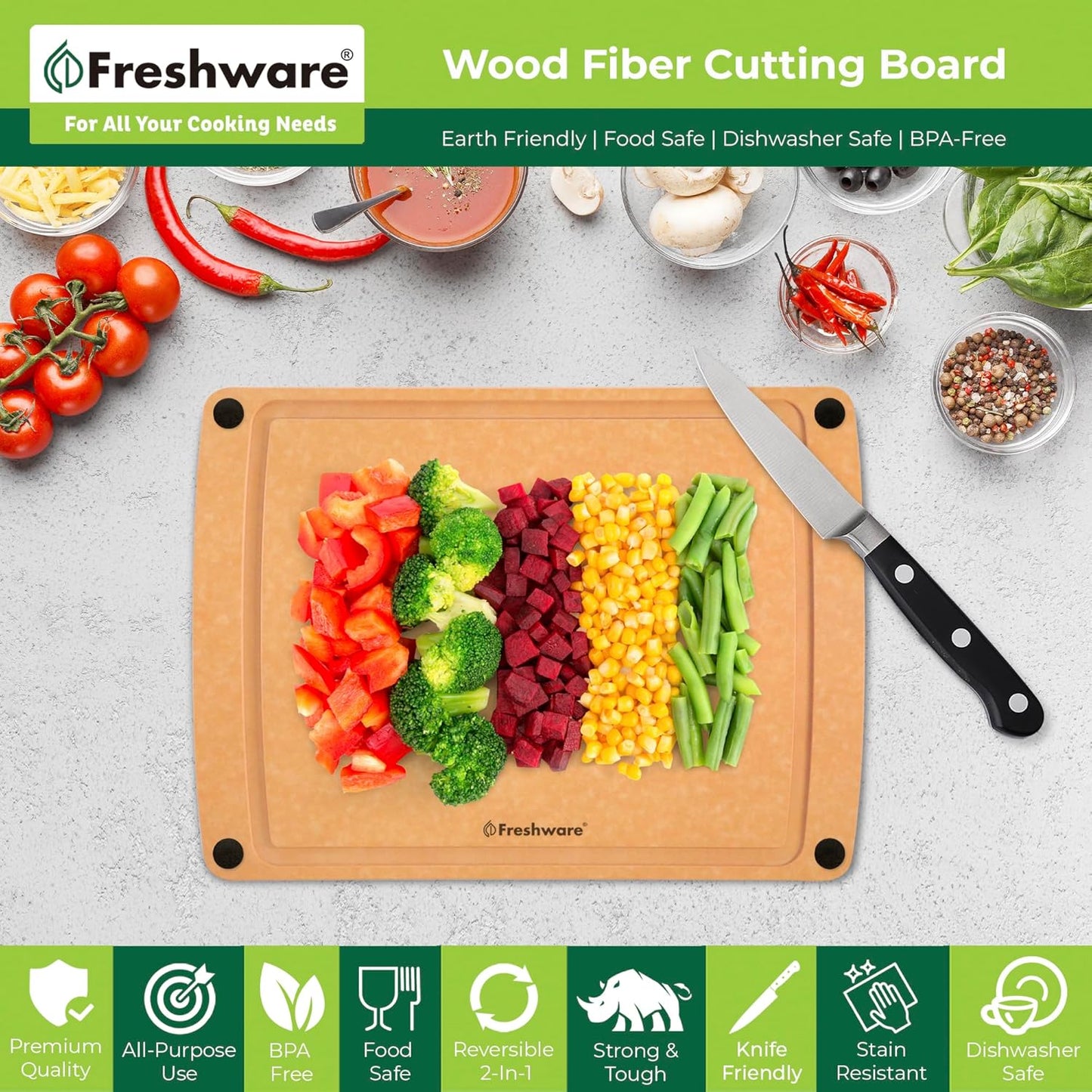 Freshware Wood Cutting Boards for Kitchen, Juice Groove, Non-Slip Silicone Feet, Dishwasher Safe, Medium 12" x 9" and Large, 15" x 11.25", Set of 2, Natural